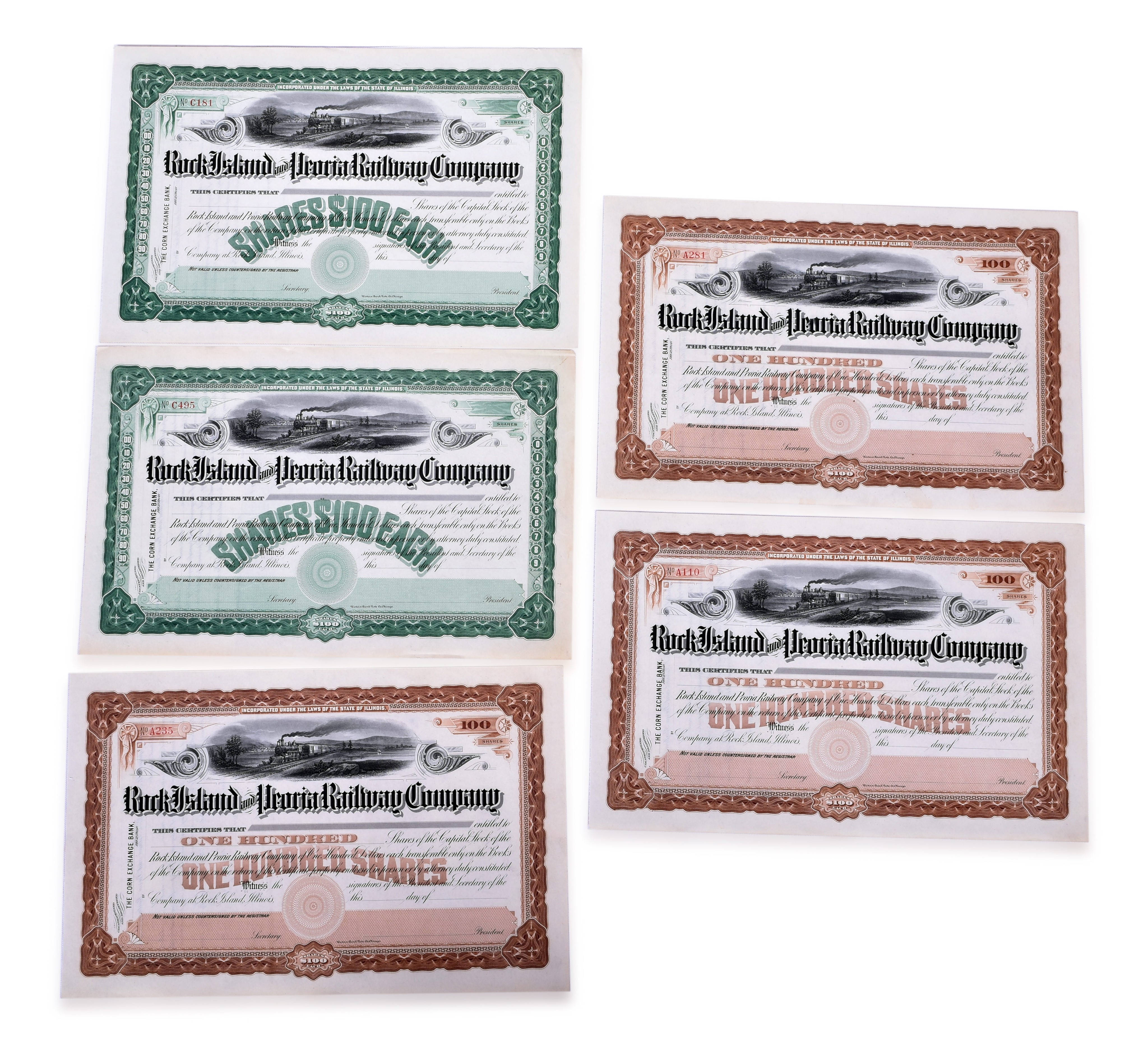 2503 - Five Unissued Rock Island and Peoria Railway Company Stocks thumbnail
