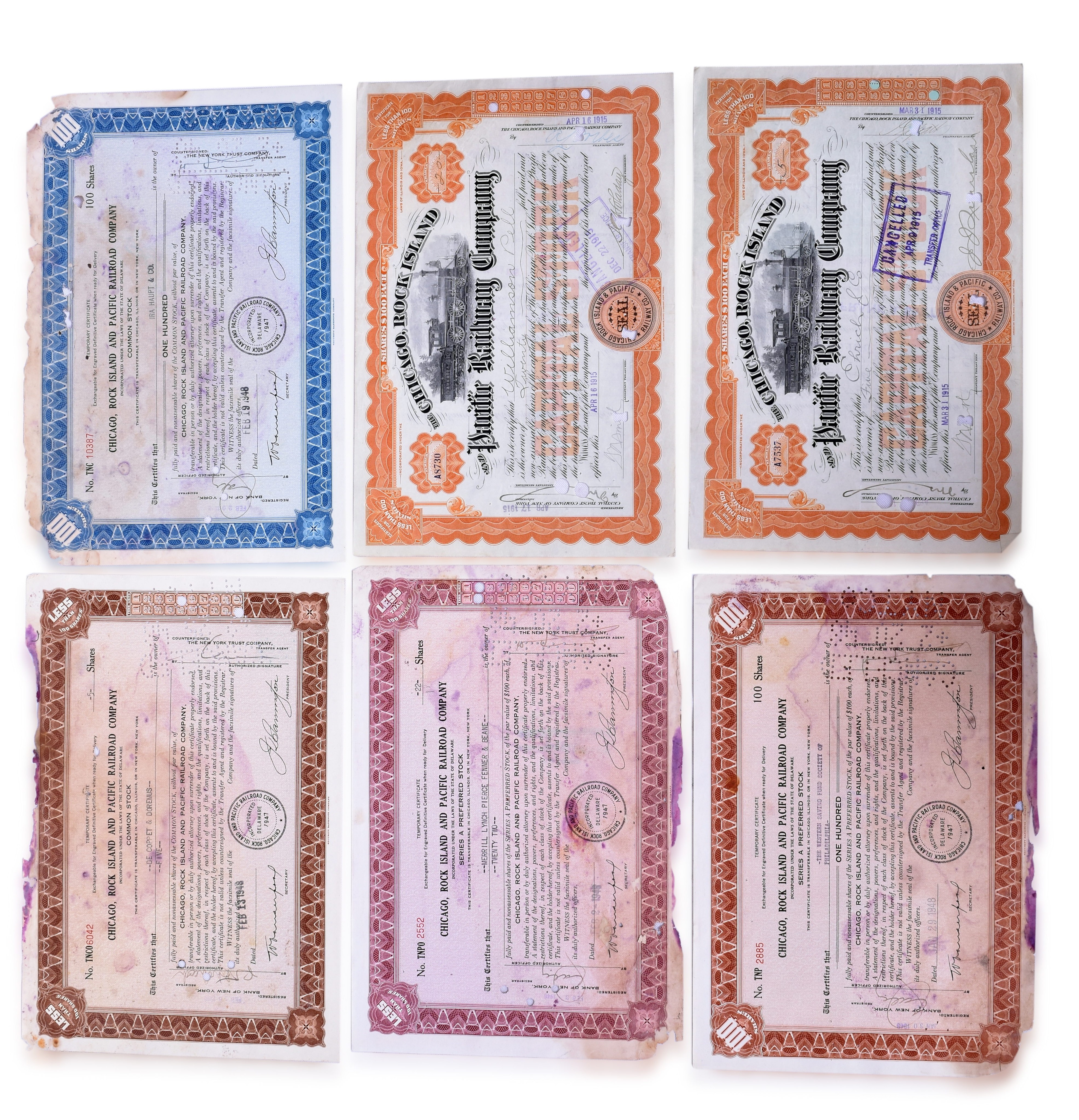 2505 - Eight Cancelled Chicago, Rock Island & Pacific Stock Certificates 1915 and 1948 thumbnail