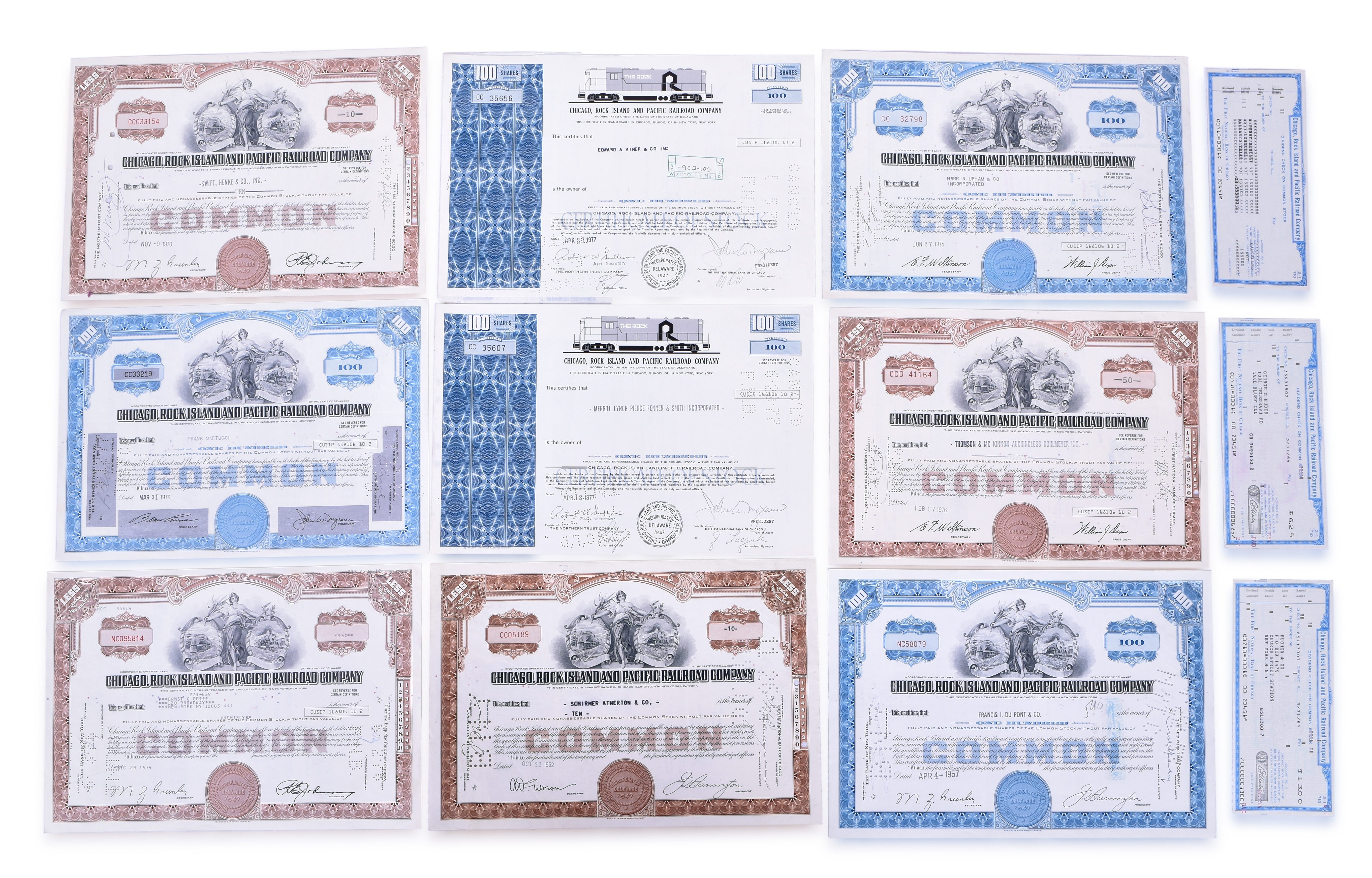 2507 - Nine Canceled Rock Island and The Rock Railroad Stock Certificates Plus Dividend Checks thumbnail