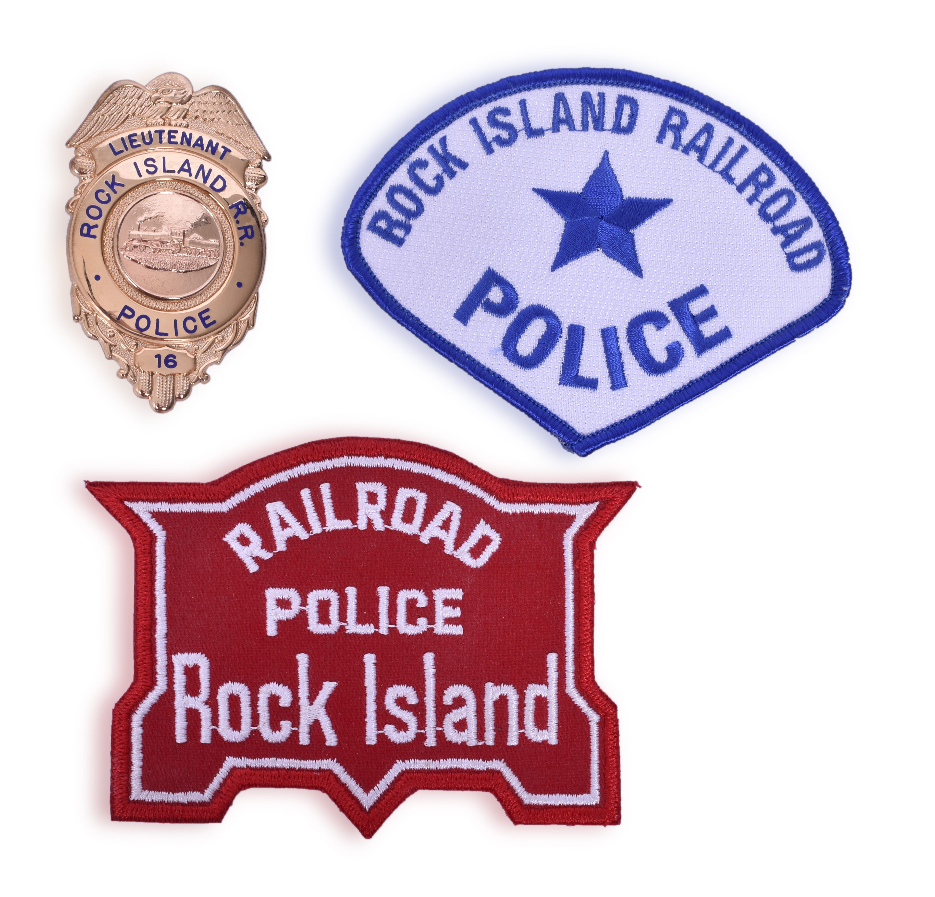 2510 - Hi-Glo Rock Island Railroad Lieutenant Police Badge and Embroidered Rock Island Police Patches thumbnail