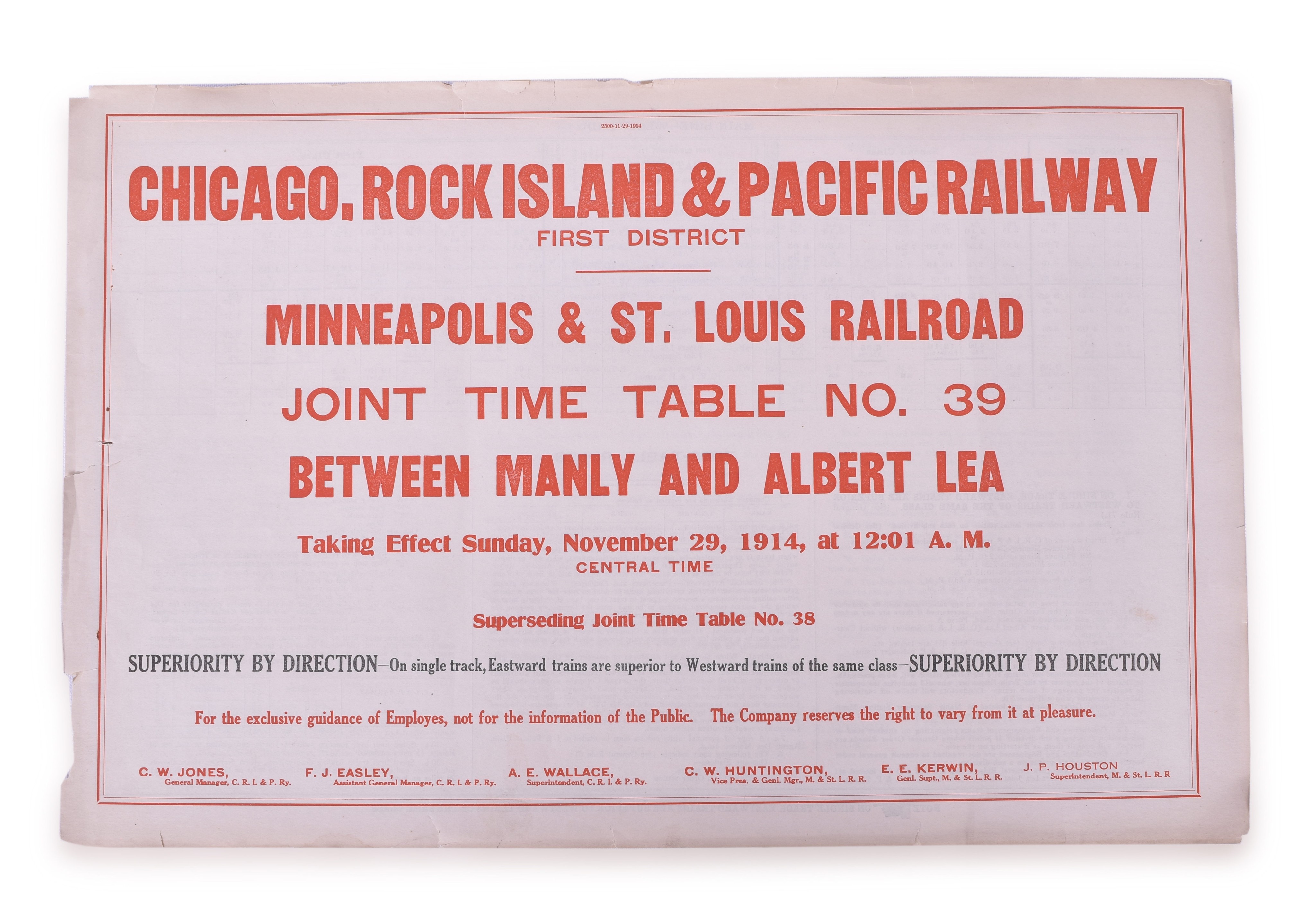 2530 - Chicago, Rock Island & Pacific / M&St.L 1914 Joint Employee Timetable thumbnail
