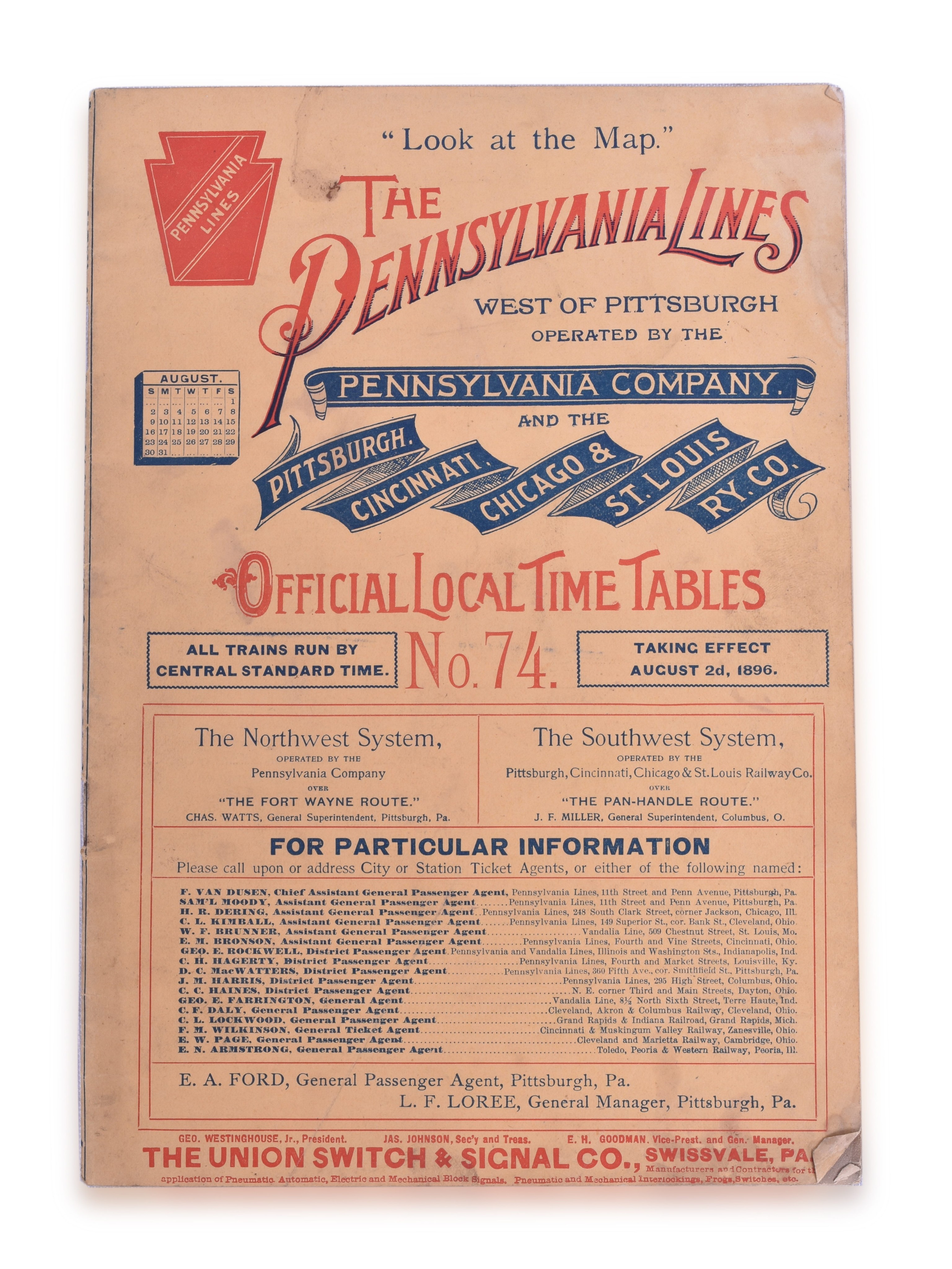 2545 - The Pennsylvania Lines Railroad August 1896 Timetable thumbnail