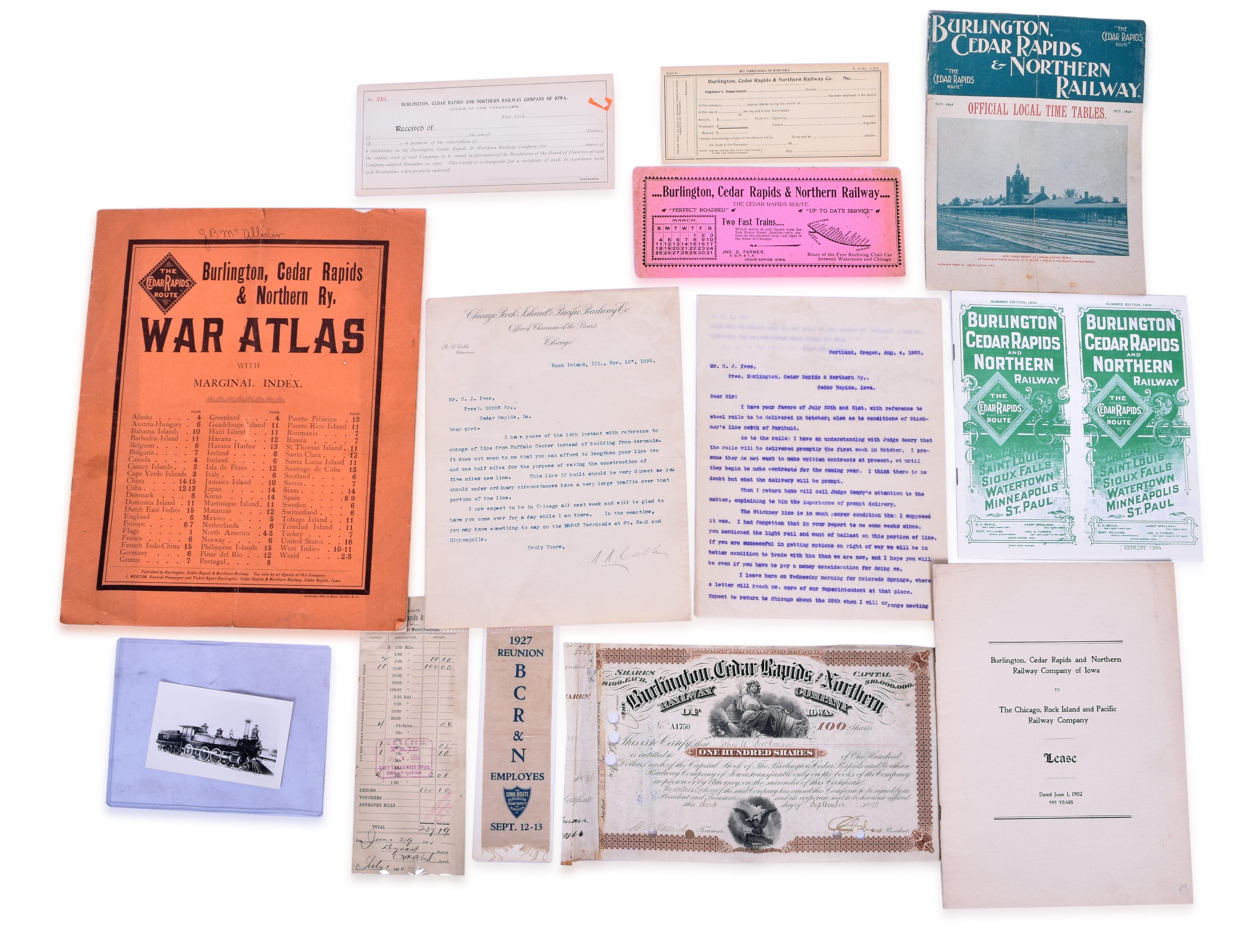 2552 - Outstanding Burlington, Cedar Rapids & Northern Railway Paper Group - War Atlas, Timetables, Lease Agreement, etc. thumbnail