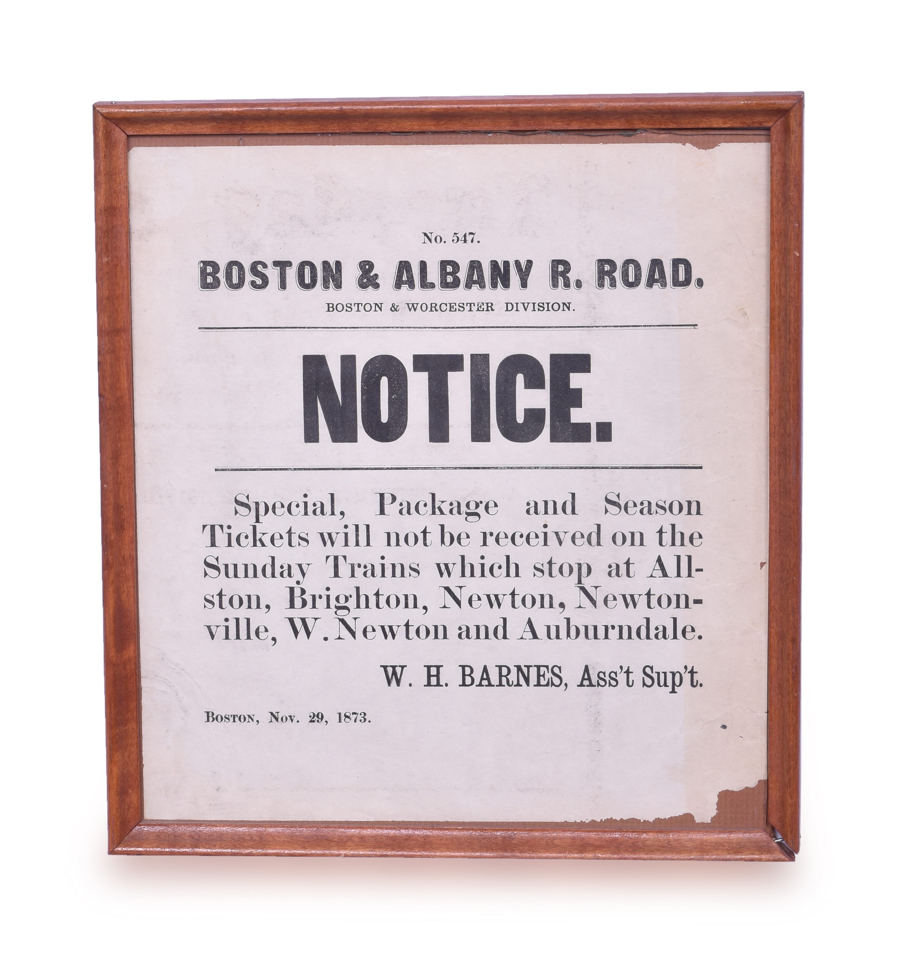 2580 - Boston and Albany Railroad 1873 Ticket Notice Sheet thumbnail