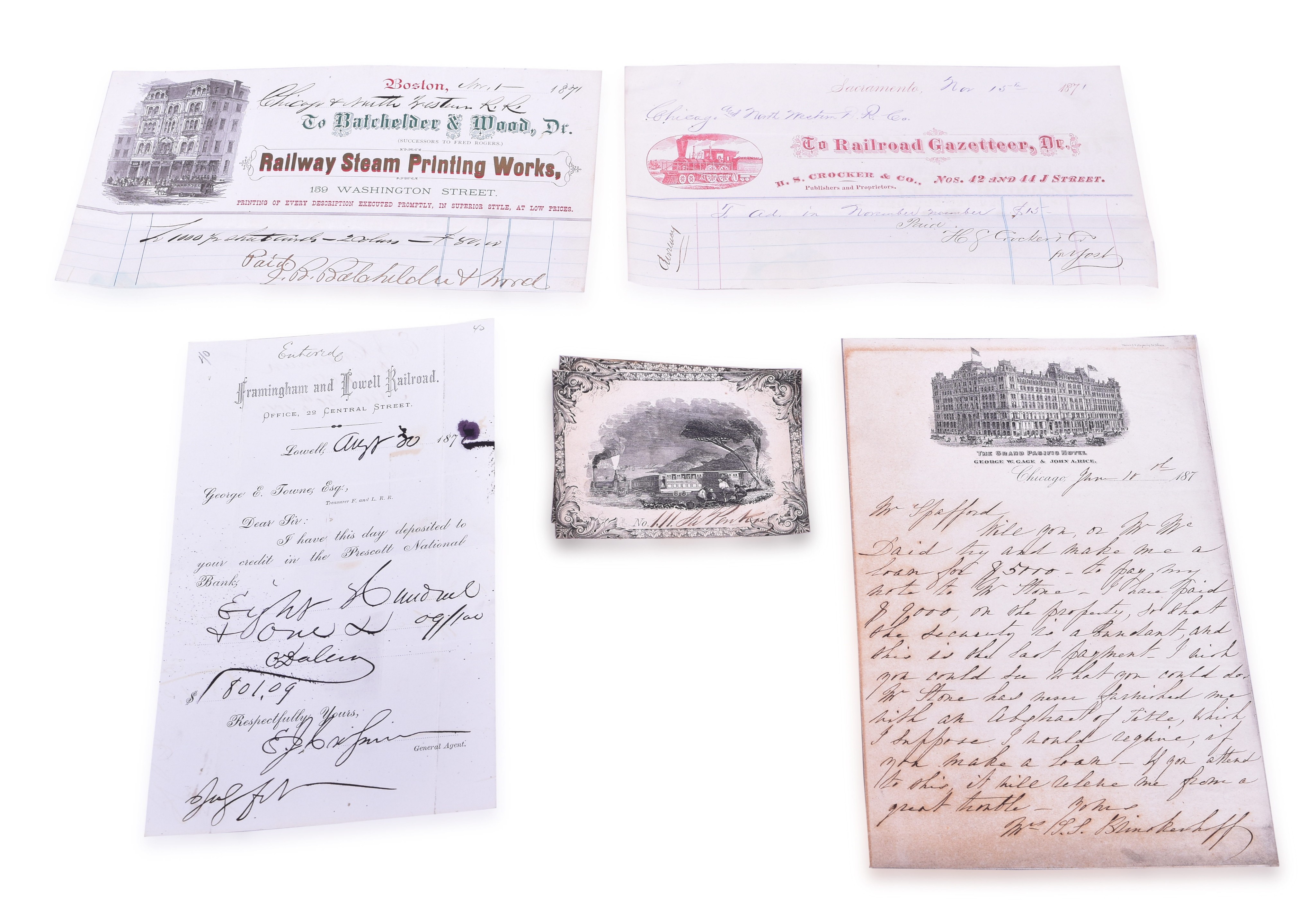 2582 - 1800's Railroad Paper - Grand Pacific Hotel, Framingham and Lowell Railroad, Railroad Gazetteer paper, and 1871 Railway Steam Printing Works thumbnail