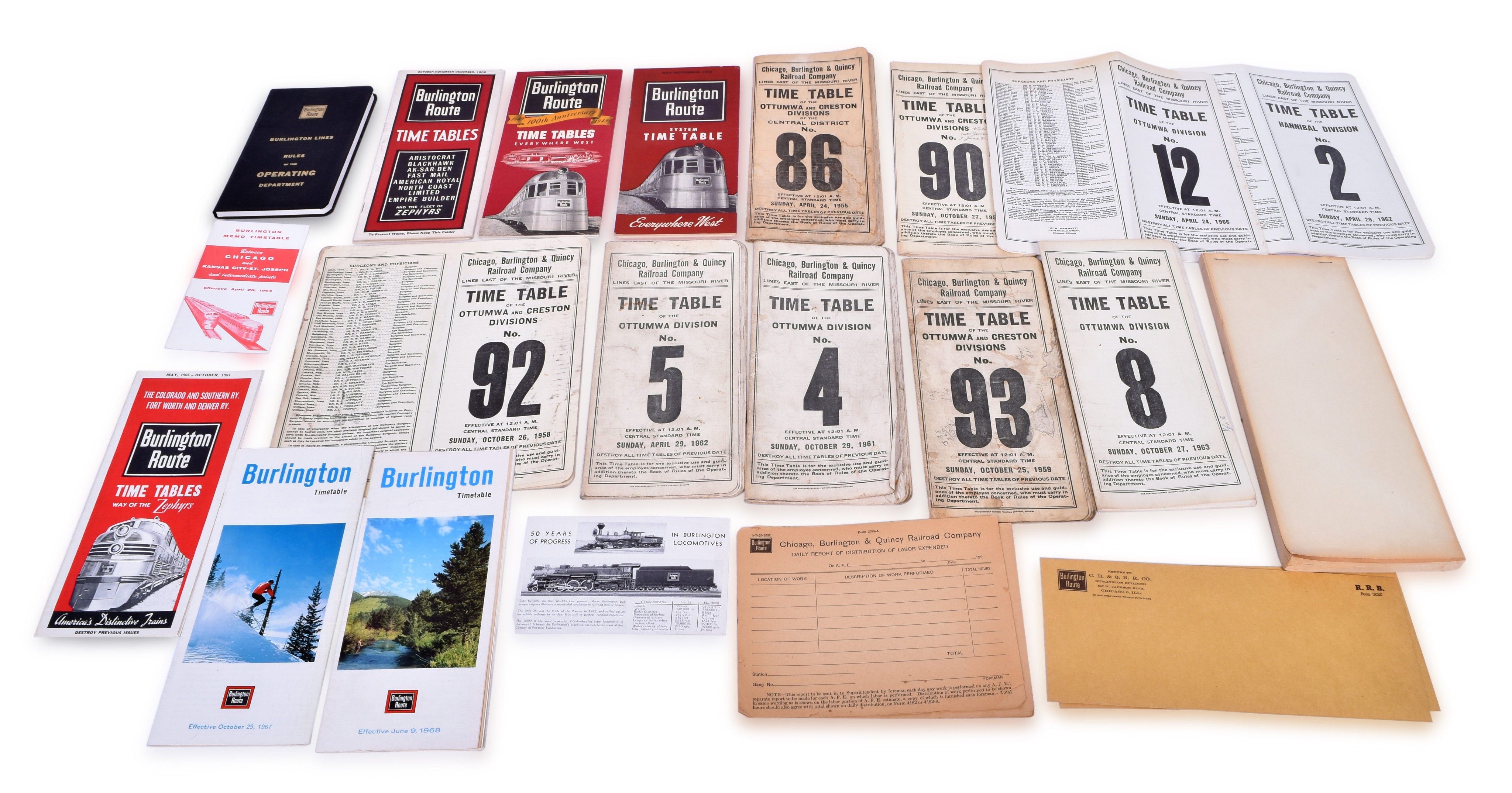 2587 - Chicago, Burlington & Quincy Burlington Route Railroad Labor Sheets, Envelopes, Enginemen's Time & Delay Report Pad, Rules Book, Timetables, Postcard, Memo Timetable & Employee Timetables thumbnail