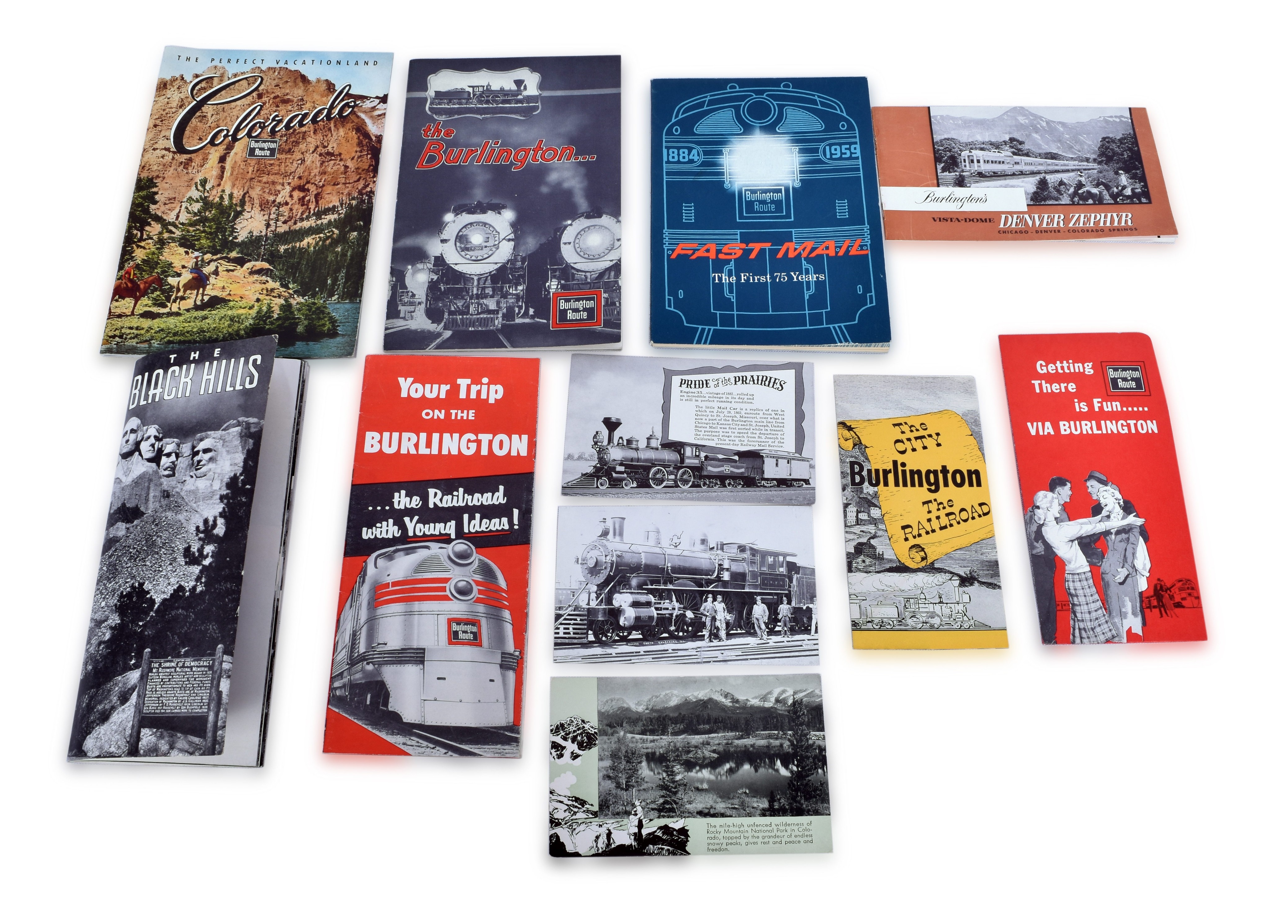 2597 - Burlington Route Railroad Postcards, Brochures, Ticket Pouch, & Booklets thumbnail