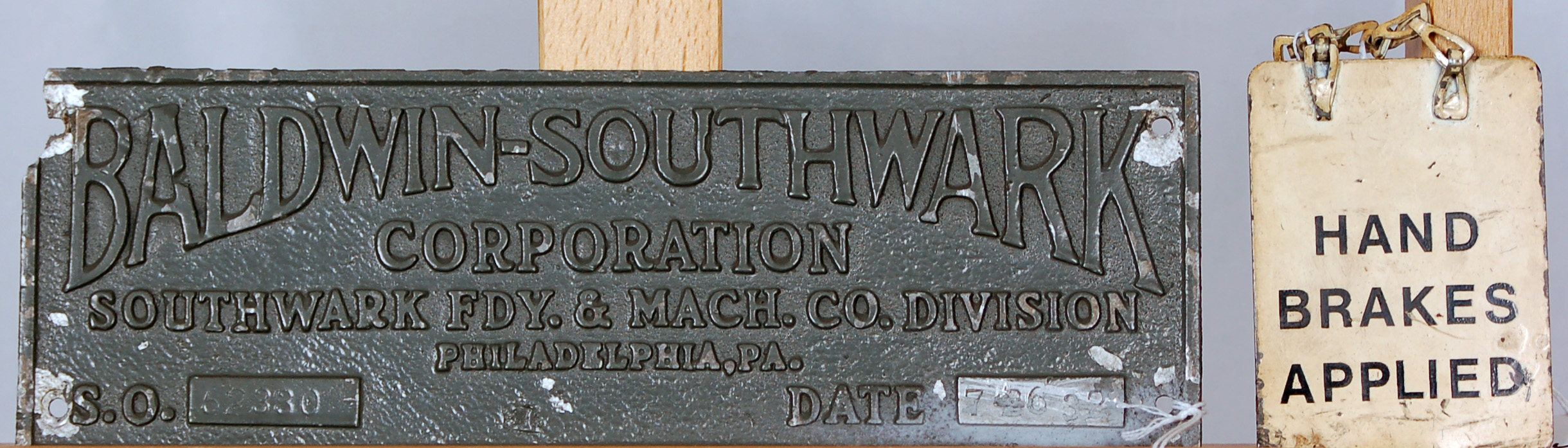 5 - Baldwin / Southwark machine boiler plate & metal hand brake sign thumbnail