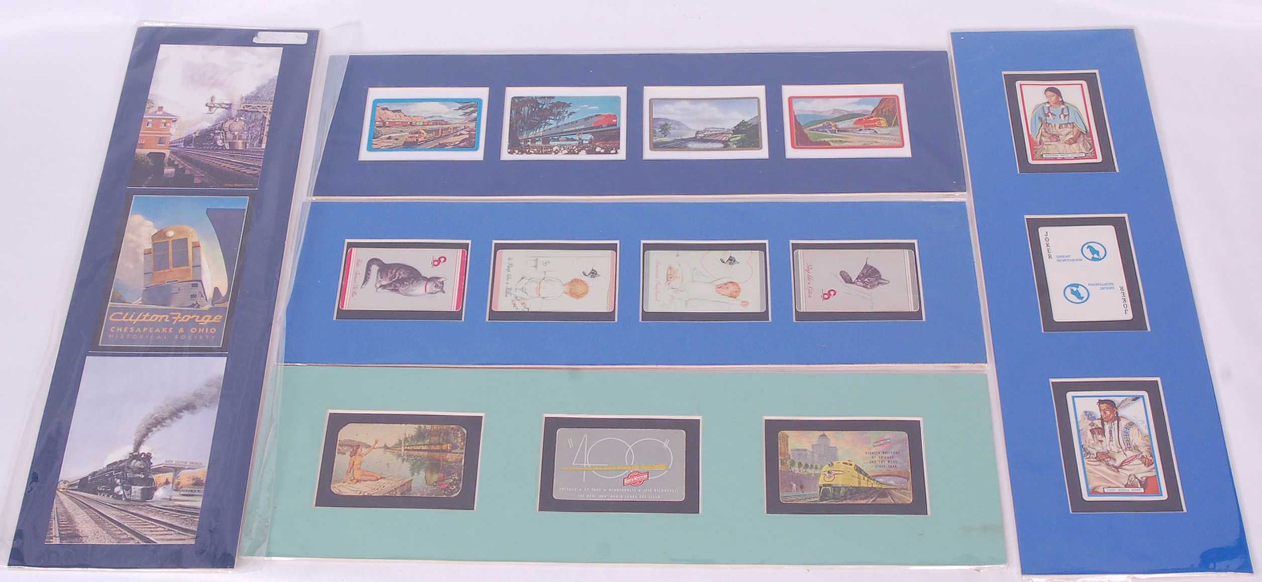 58 - Group of five matted railroad playing cards and post cards; Chicago and Northwestern, Southern Pacific, Chesapeake and Ohio ( Chessie the kitten on one set), and Great Northern. thumbnail