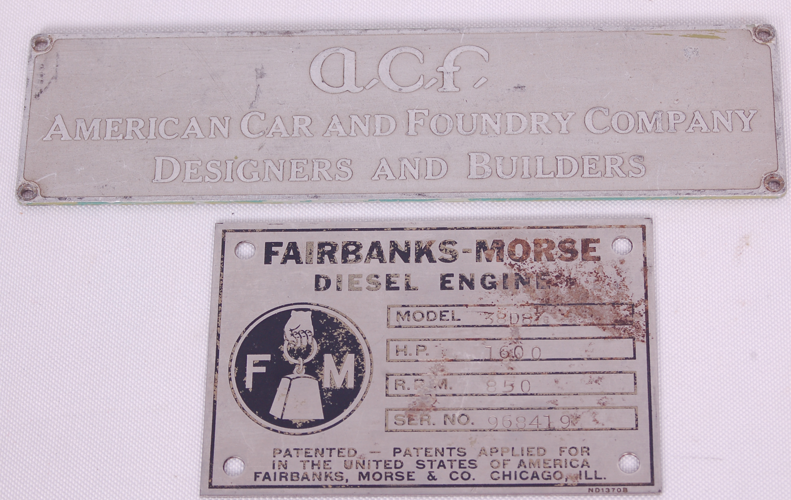 110 - Fairbanks Morse Diesel Locomotive Plate and ACF Builders Plate thumbnail