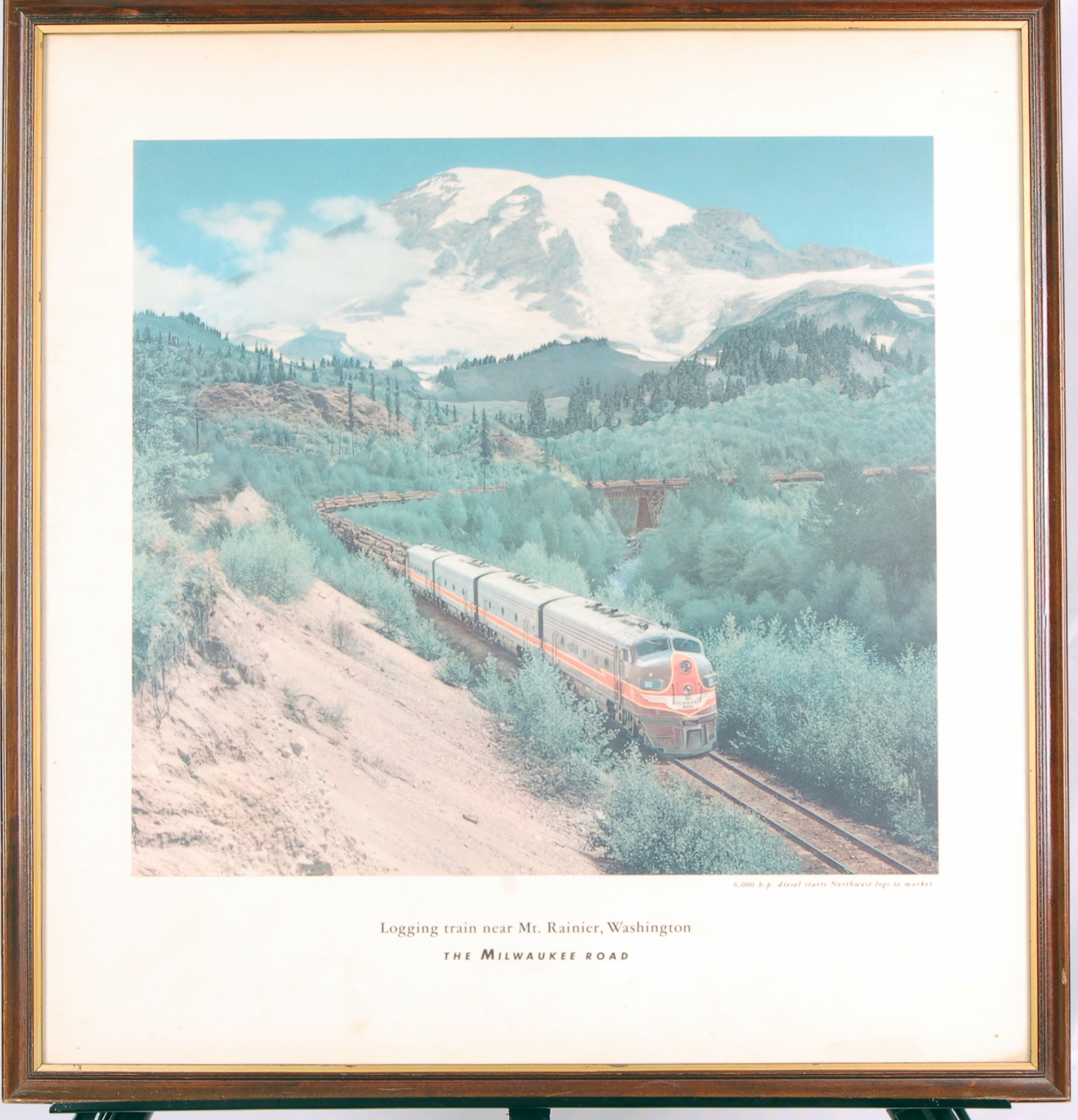113 - Milwaukee Road Railroad framed original print of a logging train near Mt. Rainier Washington thumbnail