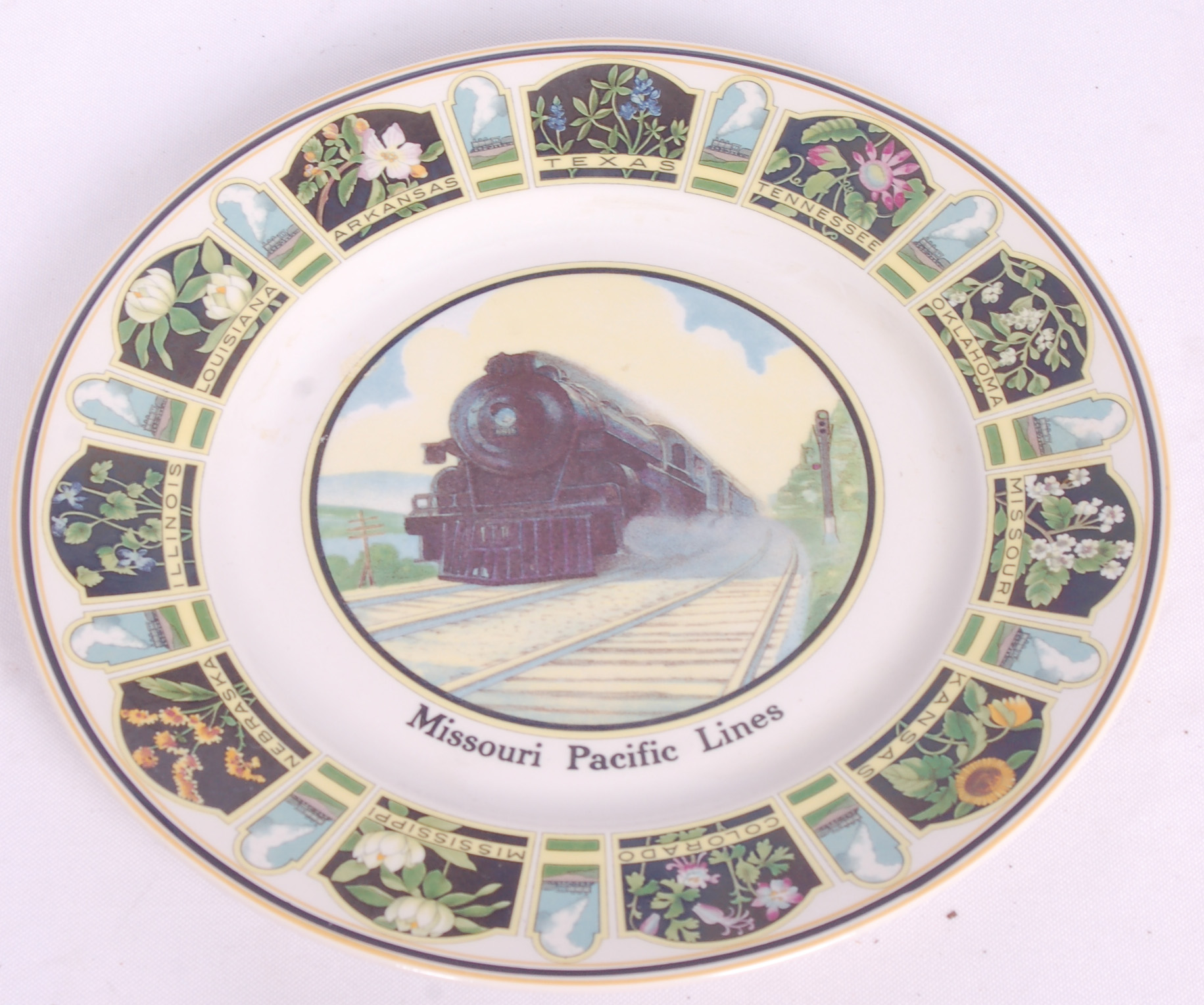 145 - Missouri Pacific Lines Service Plate - Texas - State Flowers w / Steam Locomotive thumbnail