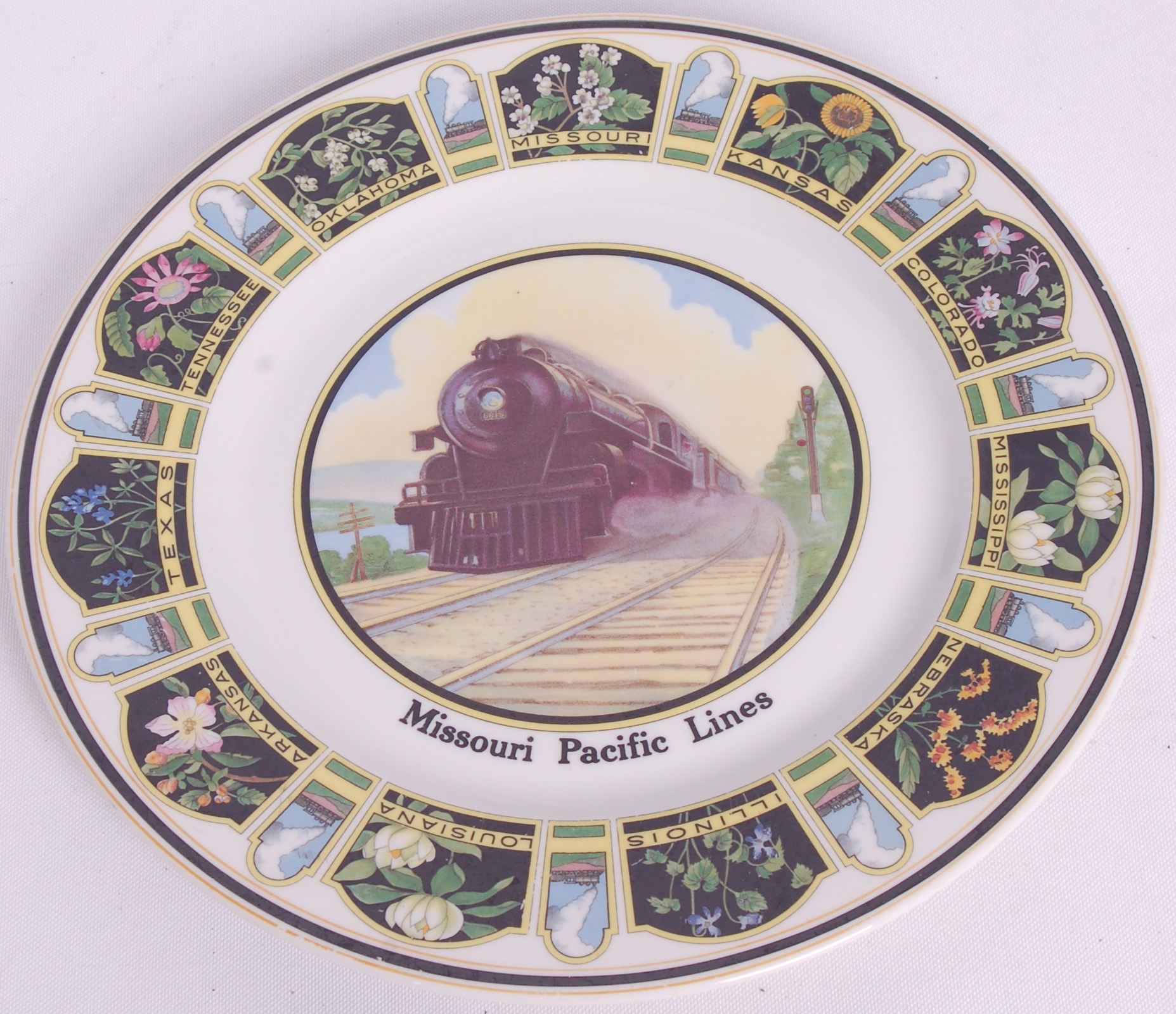 147 - Missouri Pacific Lines Service Plate - Missouri - State Flowers w / Steam Locomotive thumbnail