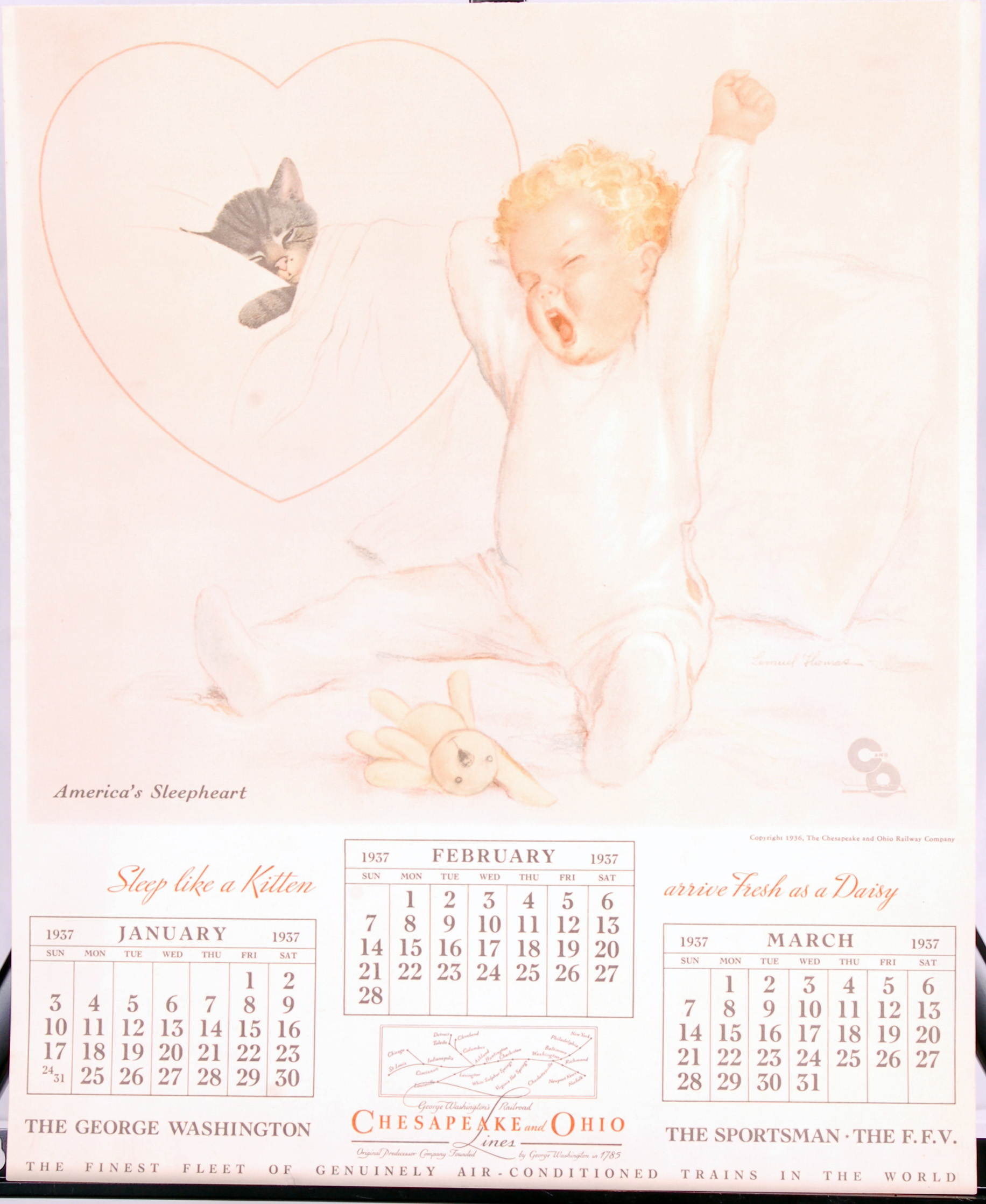 169 - Chesapeake and Ohio Railroad 1937 Original Calendar Print - Chessie America's Sleepheart thumbnail