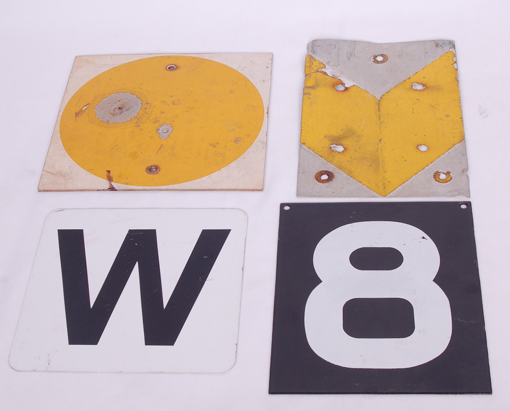 225 - Group of Four Metal Railroad Signs - Flanger sign /0 yellow/ #8 porcelain / W thumbnail