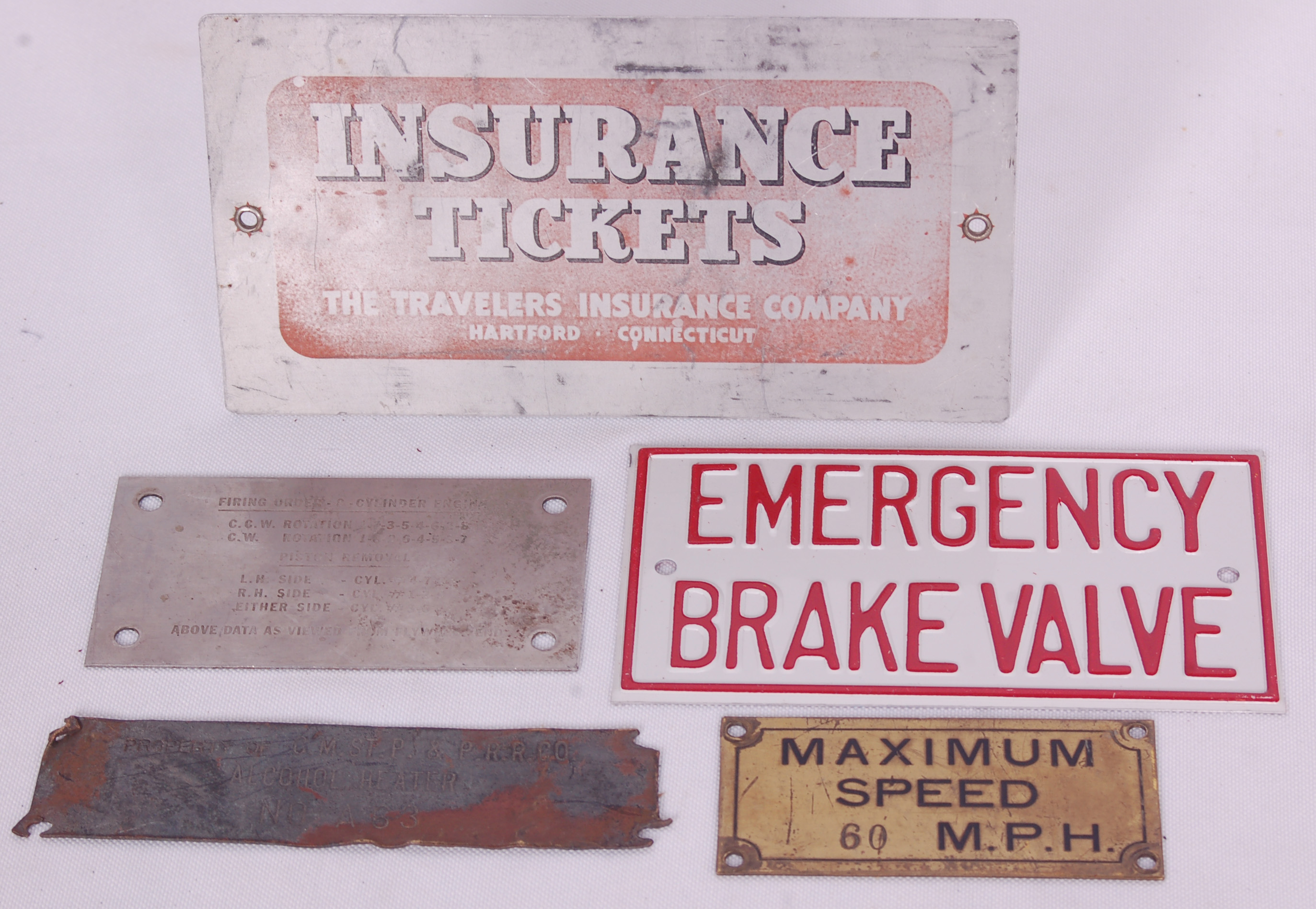 237 - Group of Five Railroad Placards - Insurance Tickets, Maximum Speed, Cylinder Firing Order, etc. thumbnail
