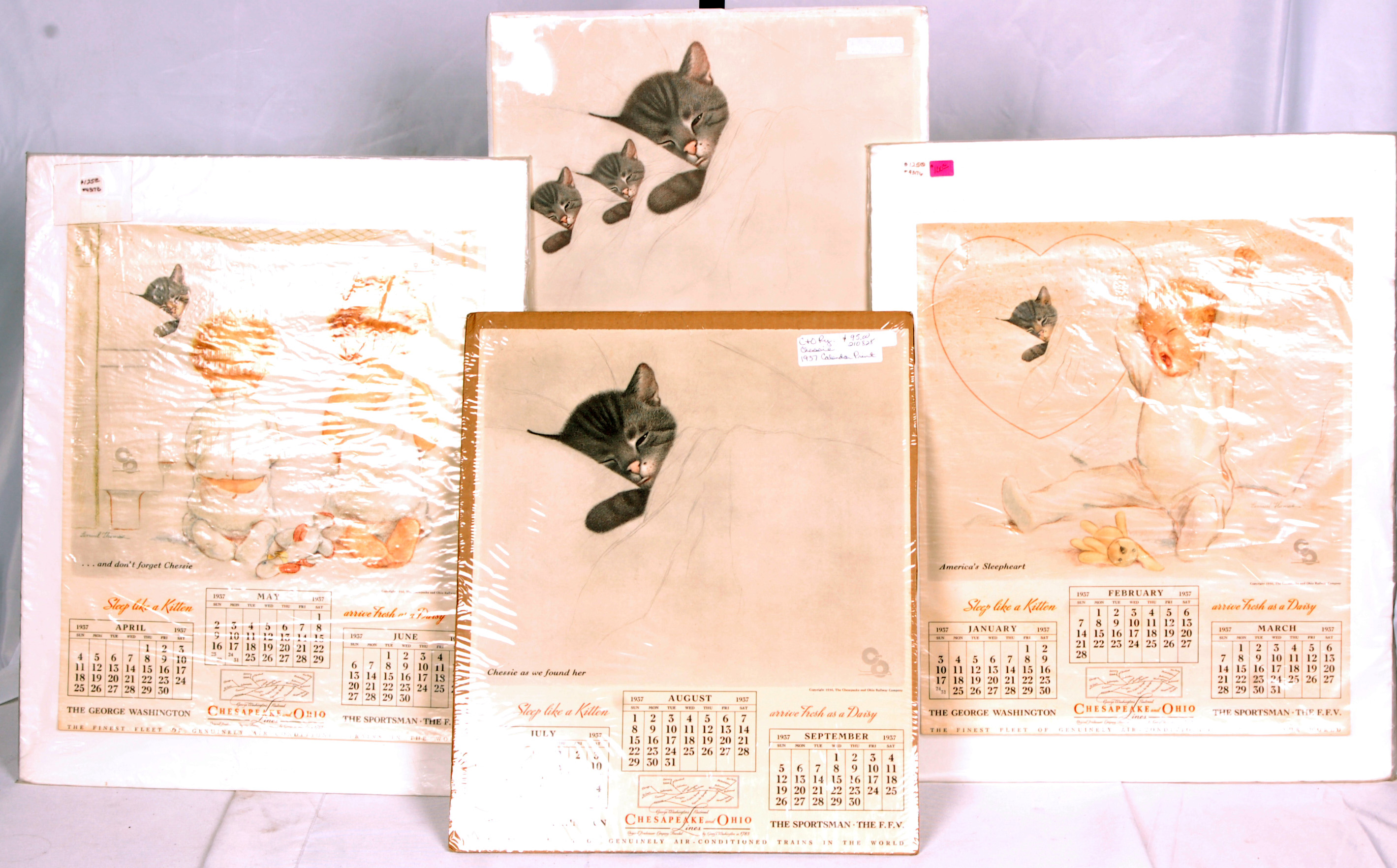 239 - Chesapeake and Ohio Railroad - Chessie 1937 Calendar Original Four Print Set thumbnail