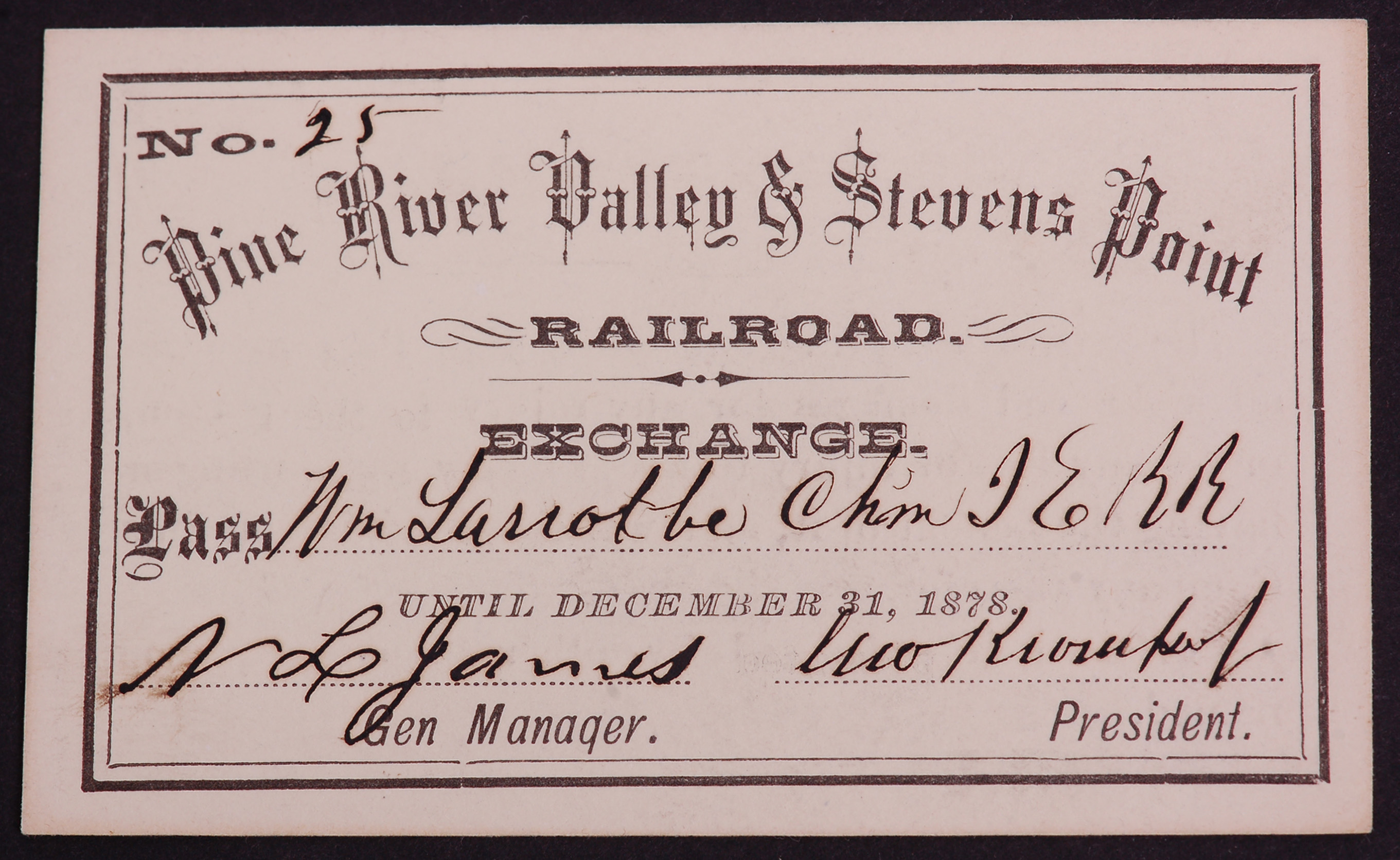 266 - 1878 Pine River Valley & Stevens Point Railroad Annual Pass. - Low Number thumbnail