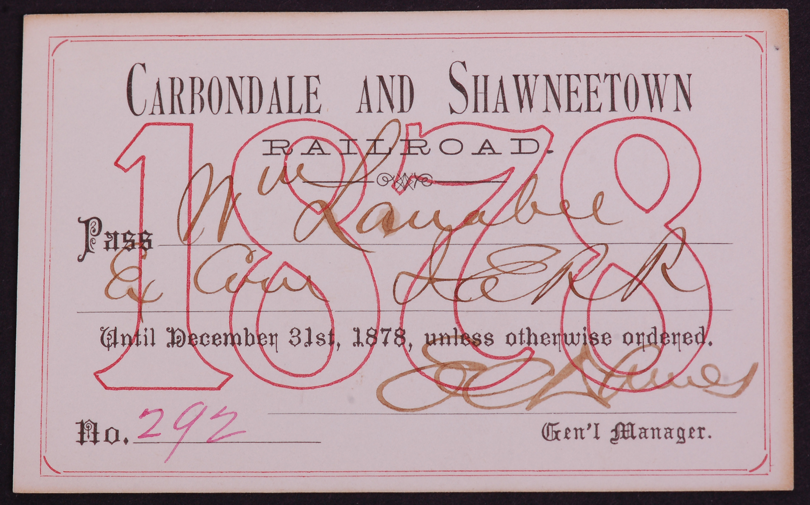267 - Carbondale and Shawneetown Railroad 1878 Annual Pass thumbnail