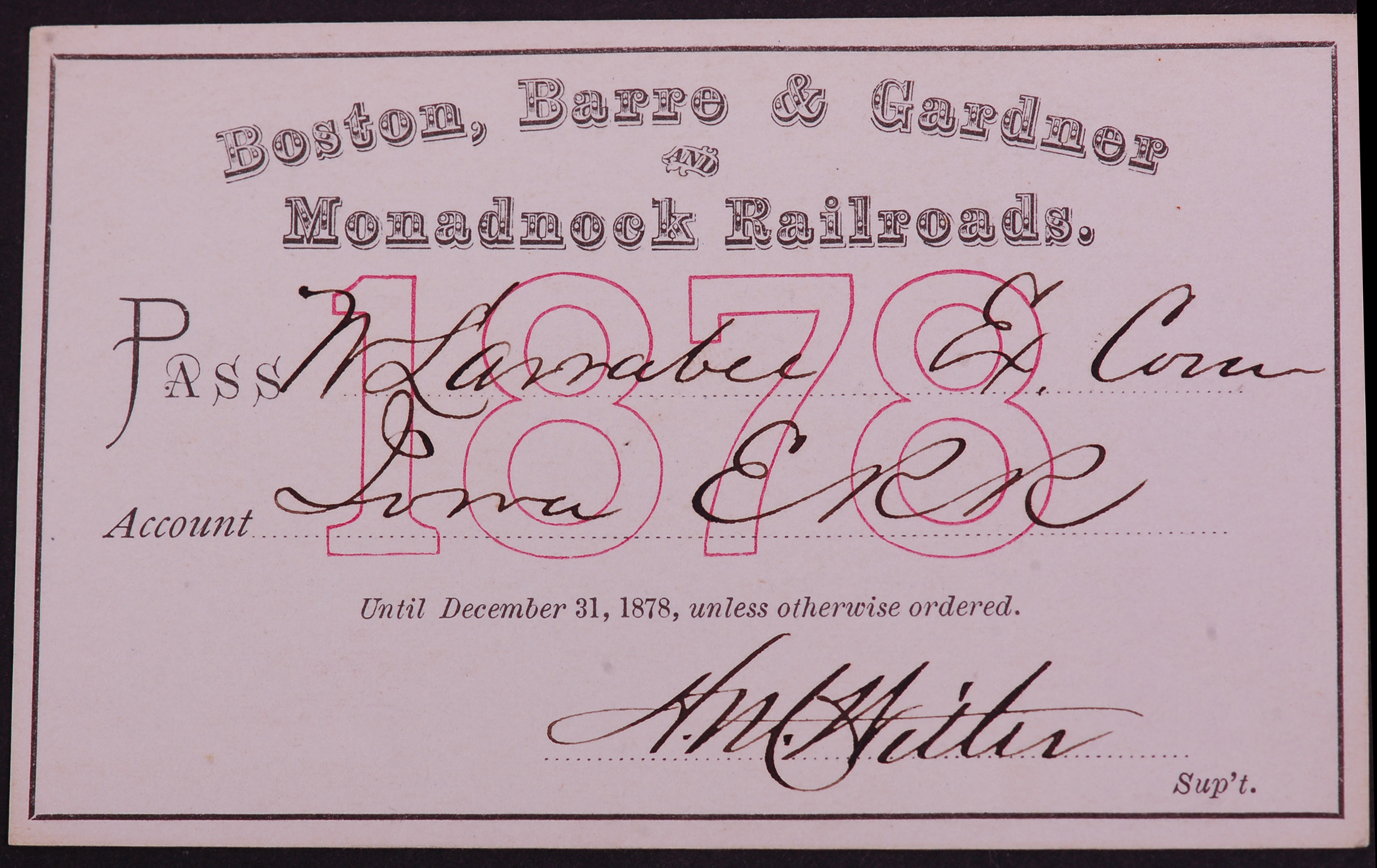 268 - Boston, Barre & Gardner and Monadnook Railroads 1878 Annual Pass thumbnail