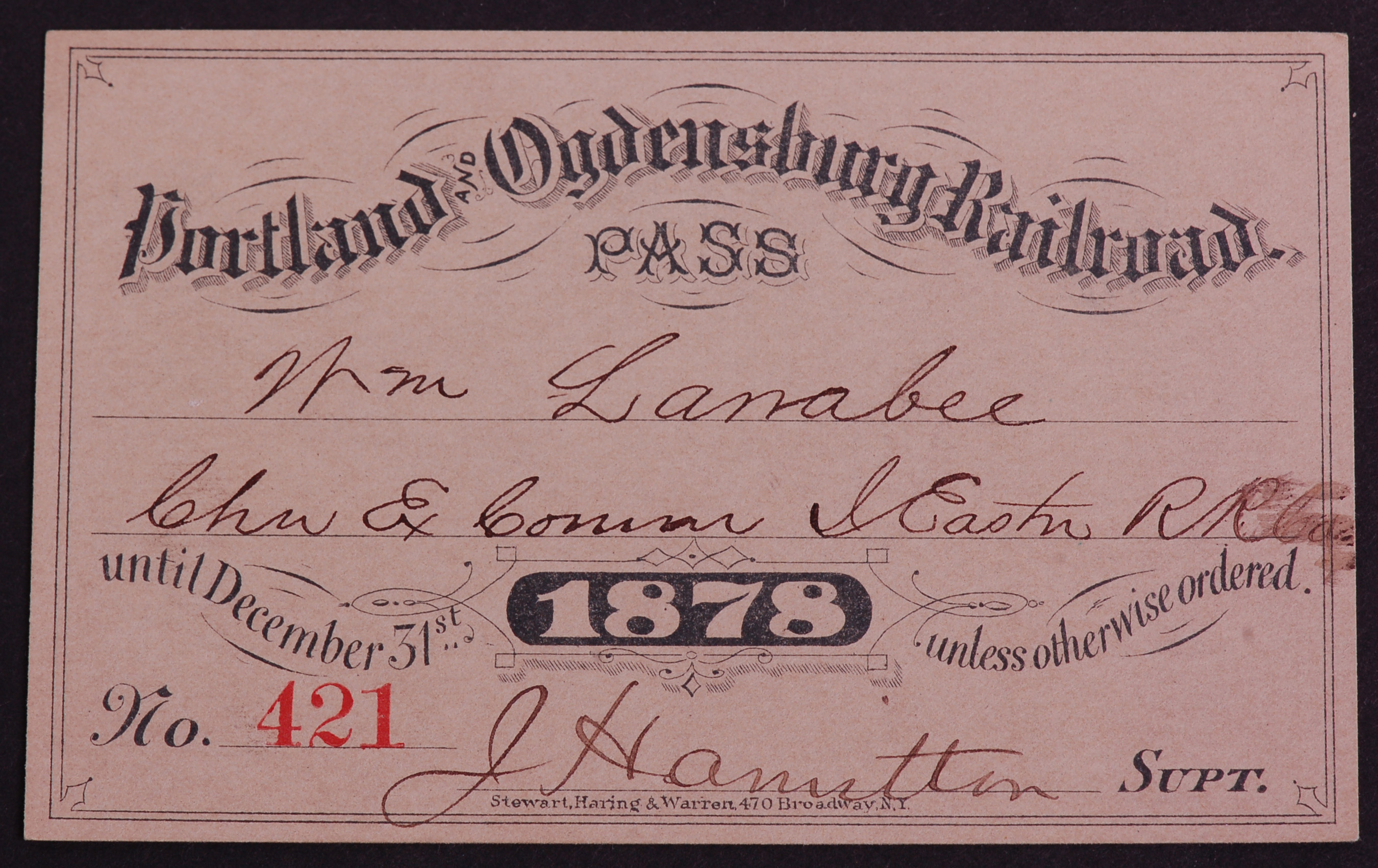 269 - Portland and Ogdensburg Railroad 1878 Annual Pass thumbnail
