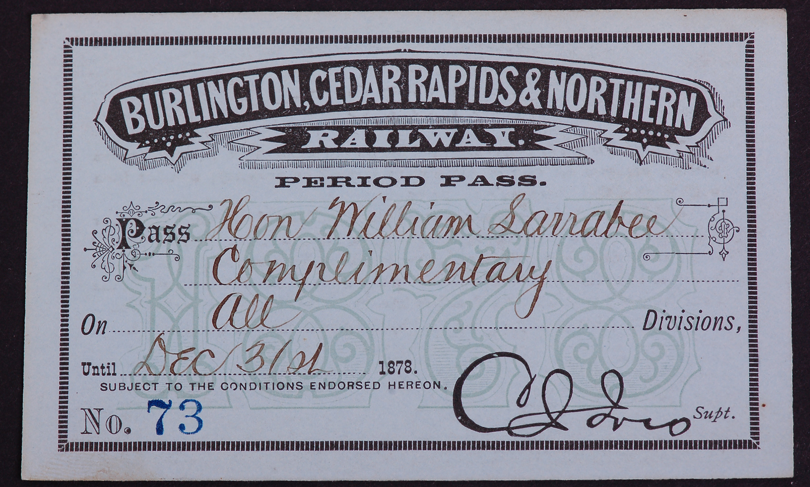 270 - Burlington, Cedar Rapids & Northern Railway 1878 Annual Pass - Low number thumbnail