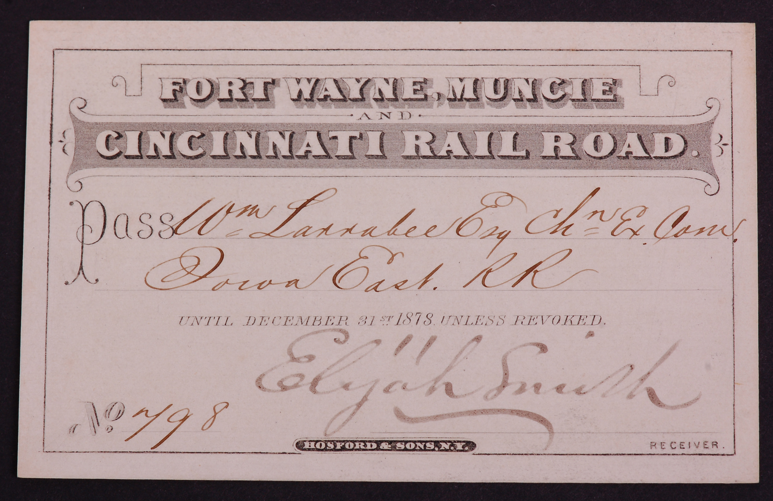 271 - Fort Wayne, Muncie, and Cincinnati Railroad 1878 Annual Pass thumbnail