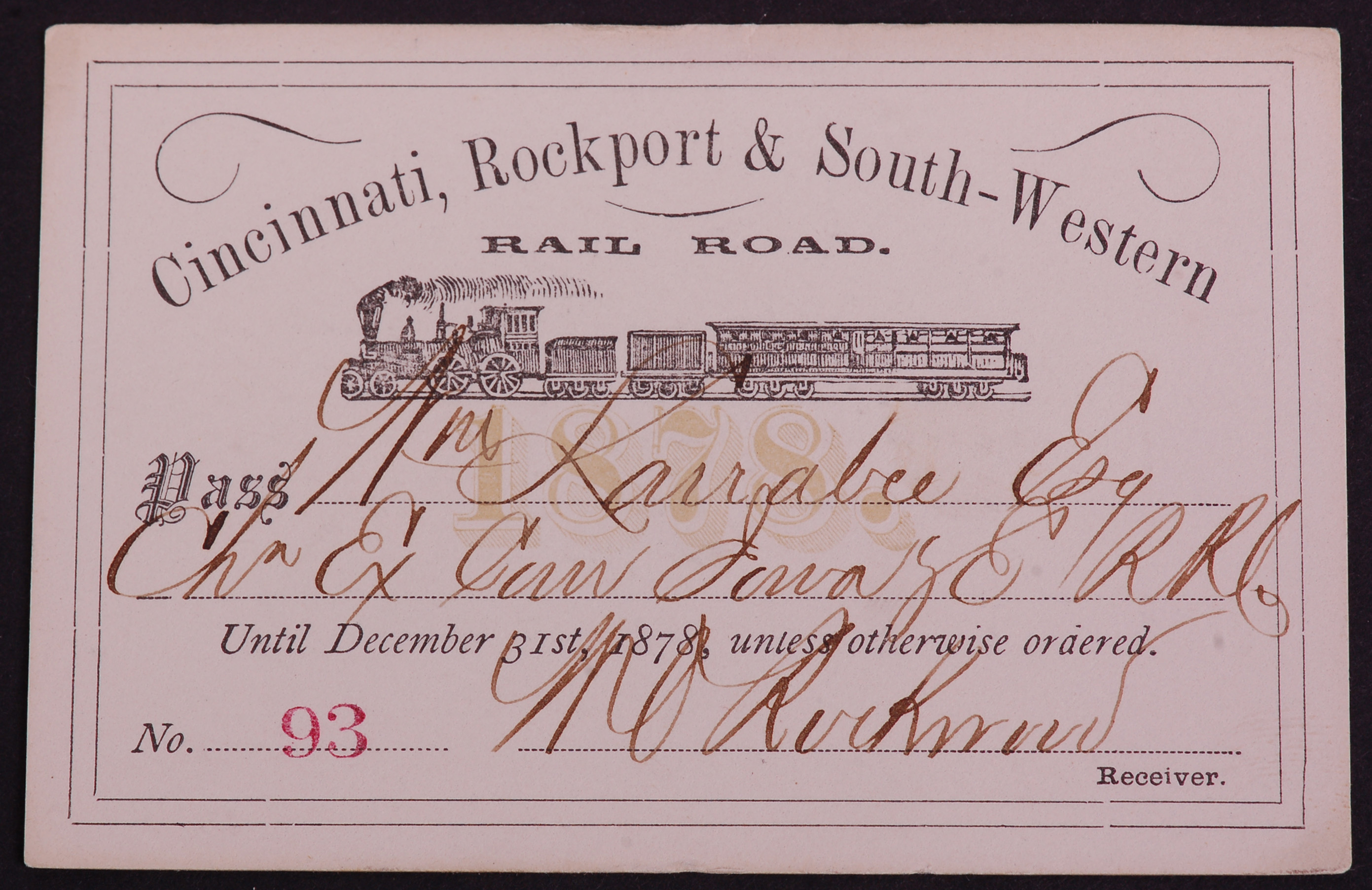 272 - Cincinnati, Rockport & South-Western Railroad 1878 Annual Pass - Low number thumbnail
