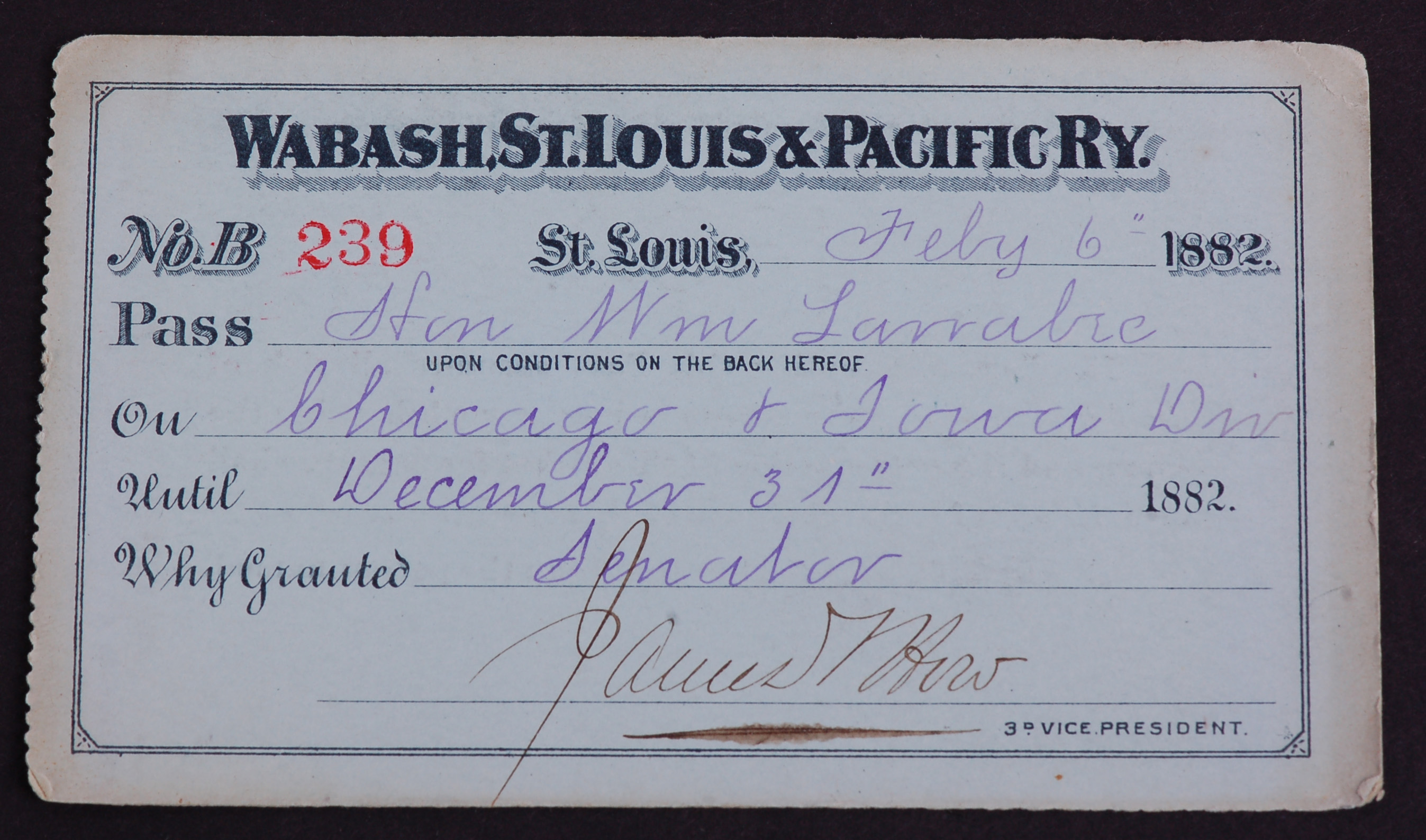 273 - Wabash, St. Louis & Pacific Railroad 1882 Annual Pass thumbnail