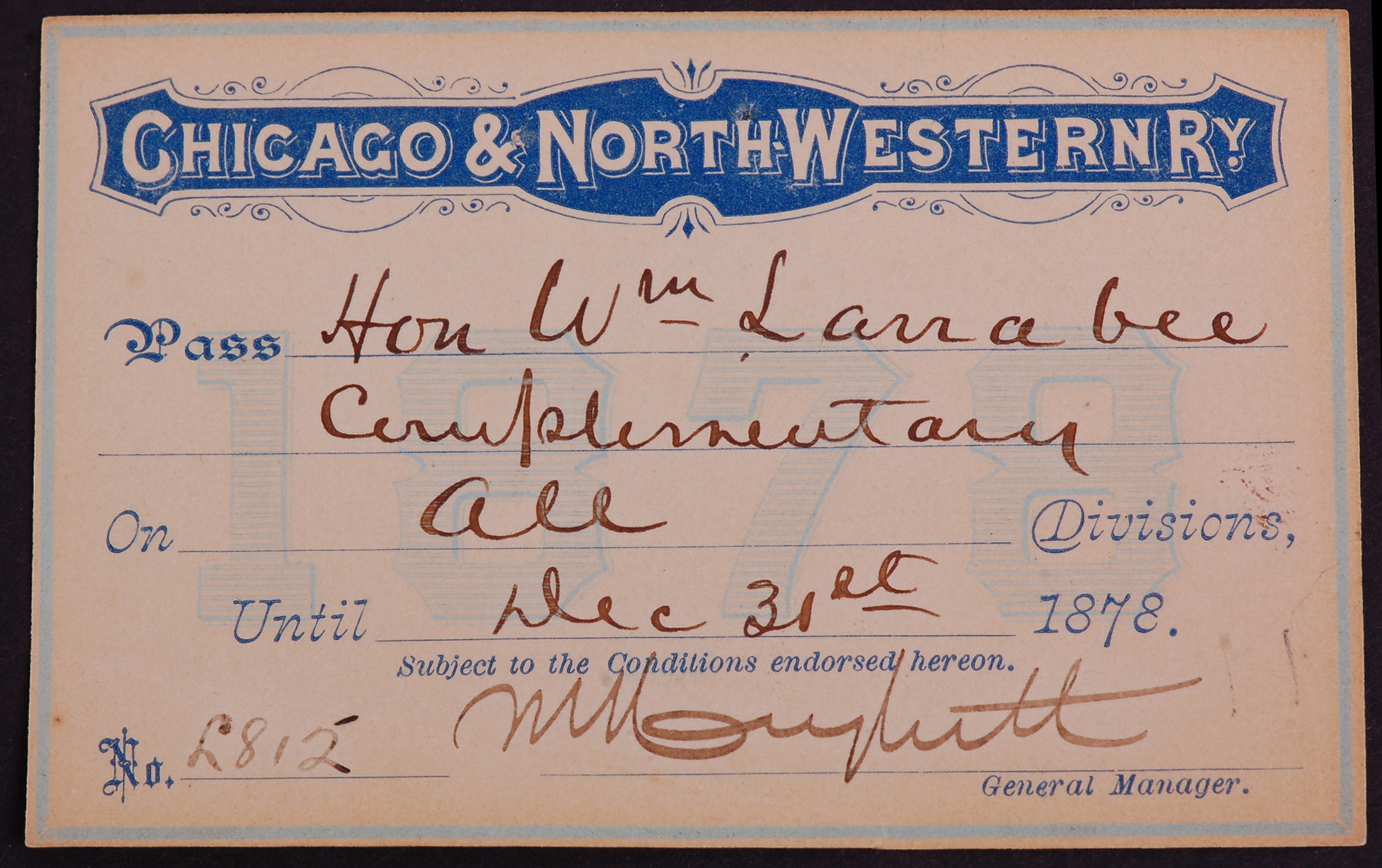 274 - Chicago and North Western Railroad 1878 Annual Pass thumbnail