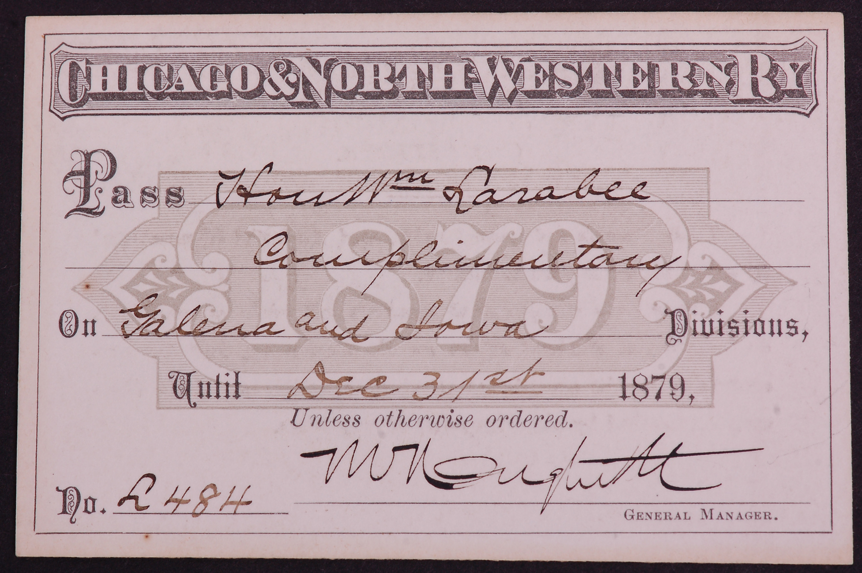 275 - Chicago and North Western Railroad 1879 Annual Pass thumbnail