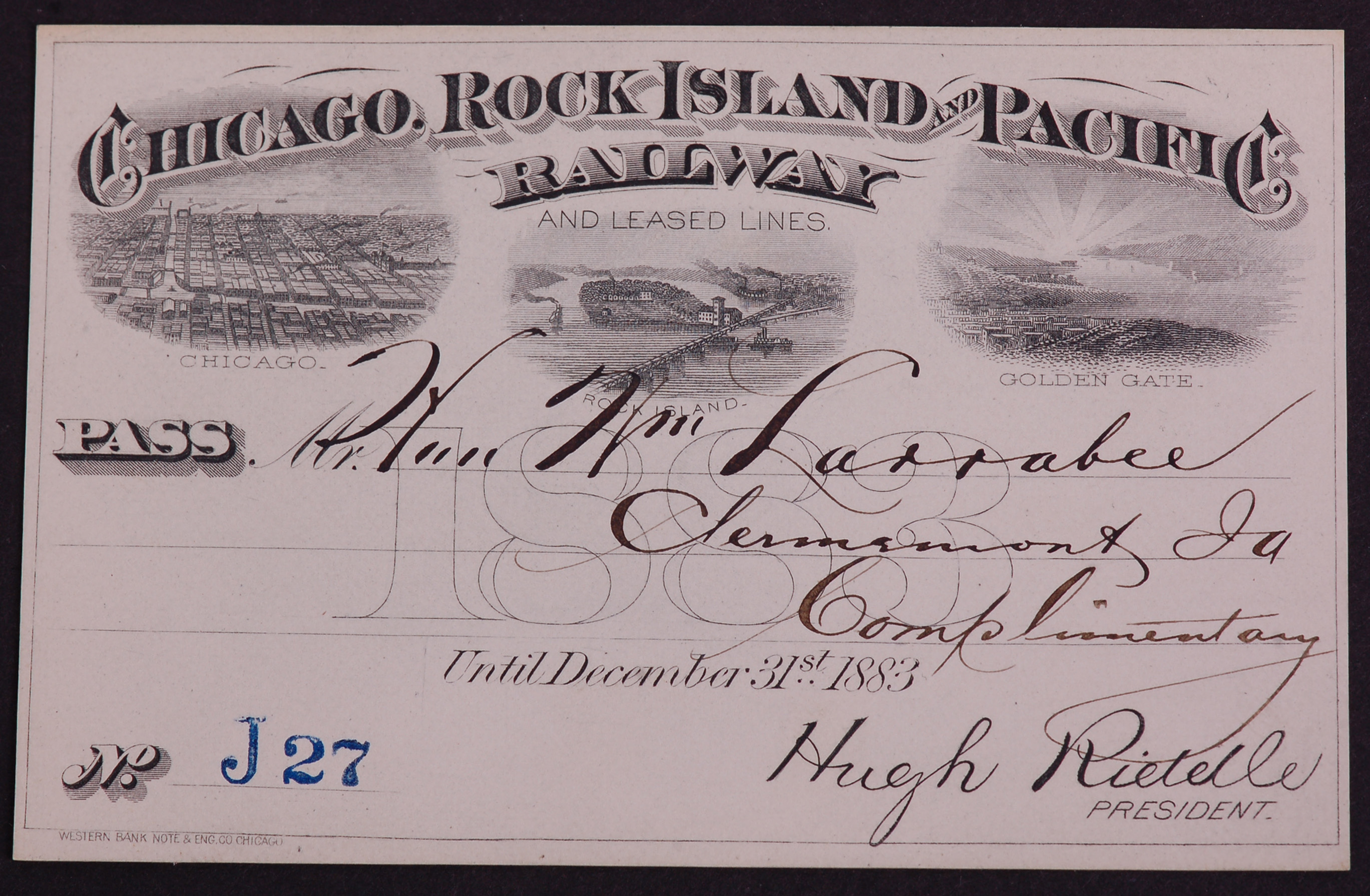 276 - Chicago Rock Island and Pacific Railroad 1883 Annual Pass thumbnail