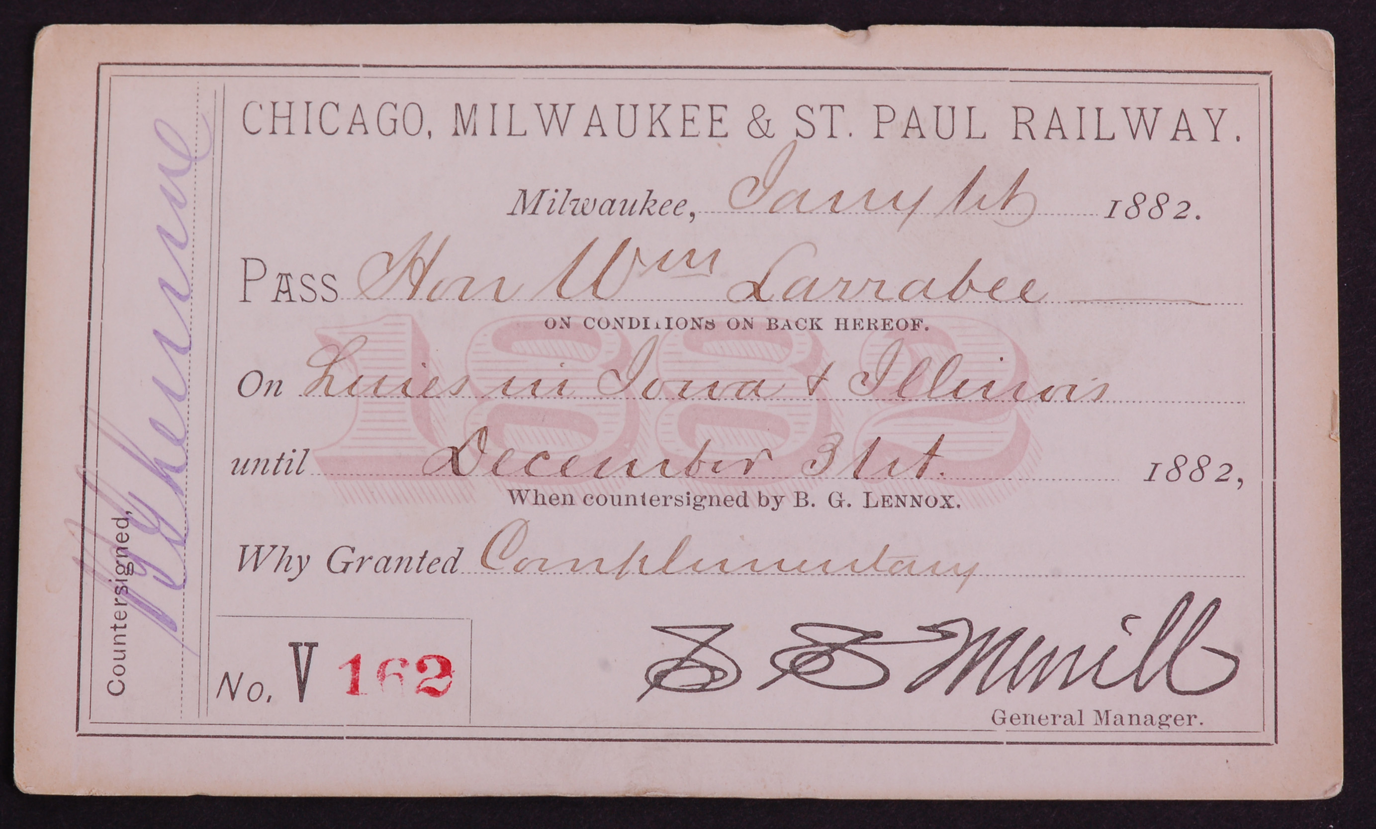 277 - Chicago, Milwaukee & St. Paul Railroad 1882 Annual Pass thumbnail