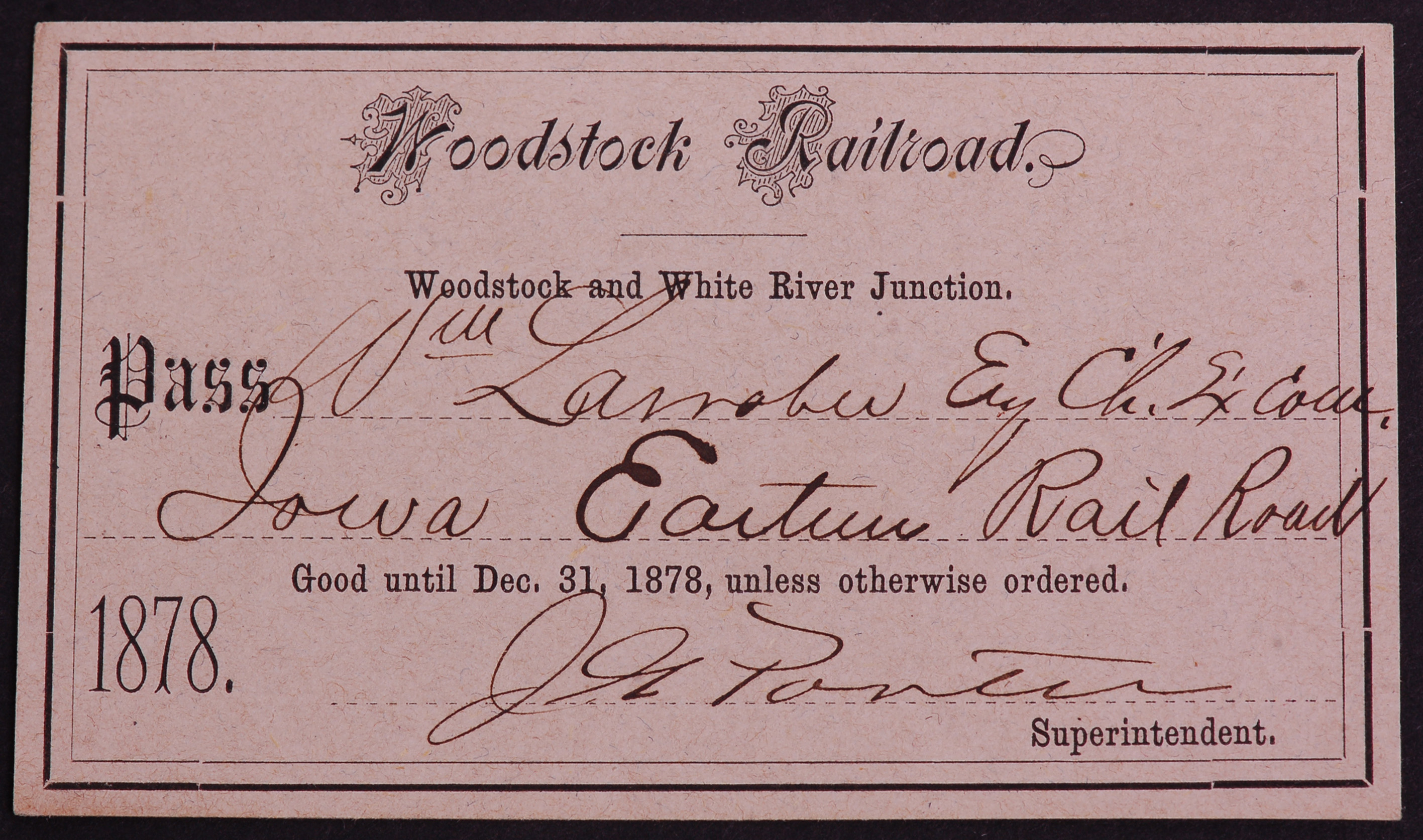 278 - Woodstock Railroad / Woodstock and White River Junction 1878 Annual Pass thumbnail
