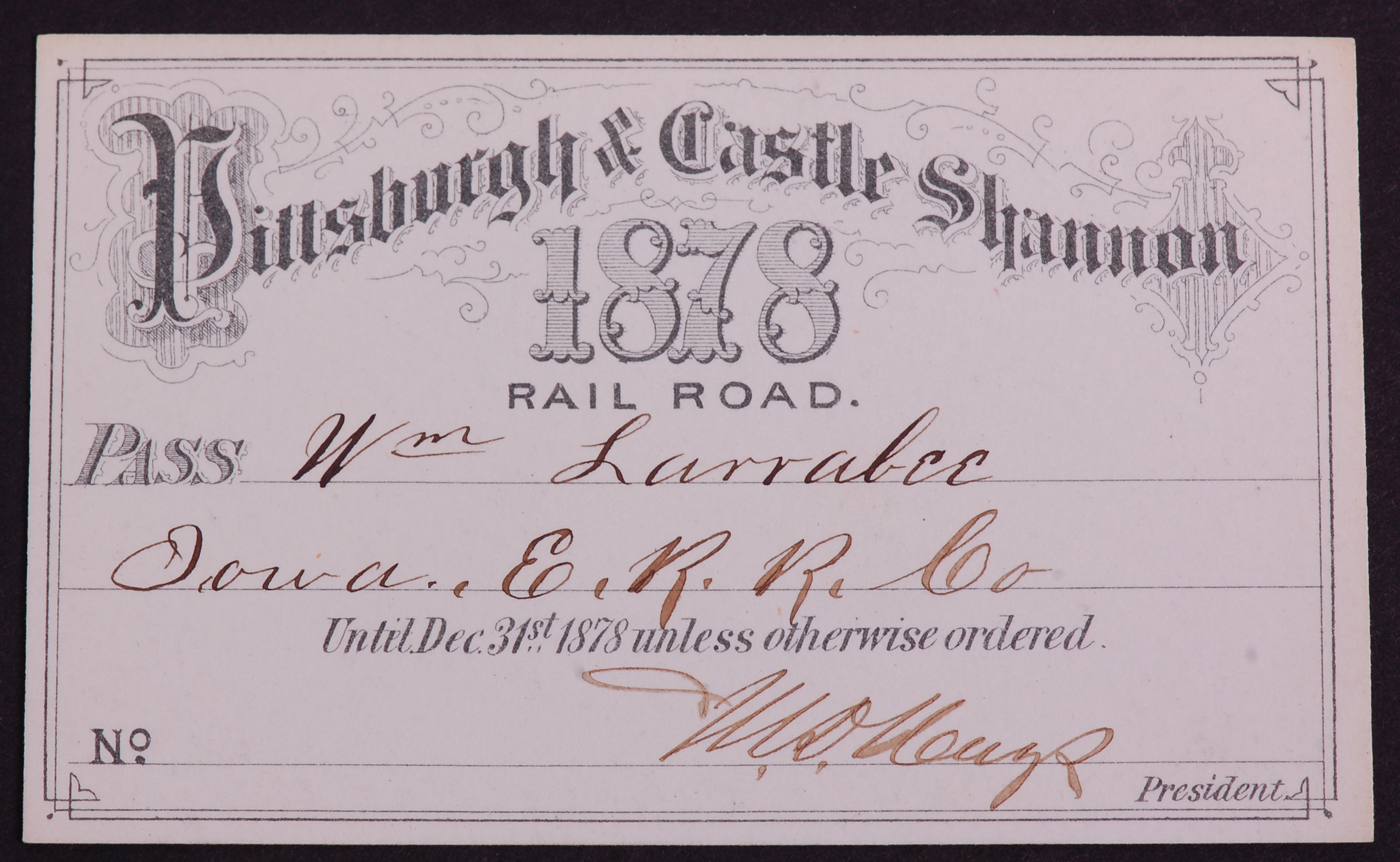 279 - Pittsburgh & Castle Shannon Railroad 1878 Annual Pass thumbnail