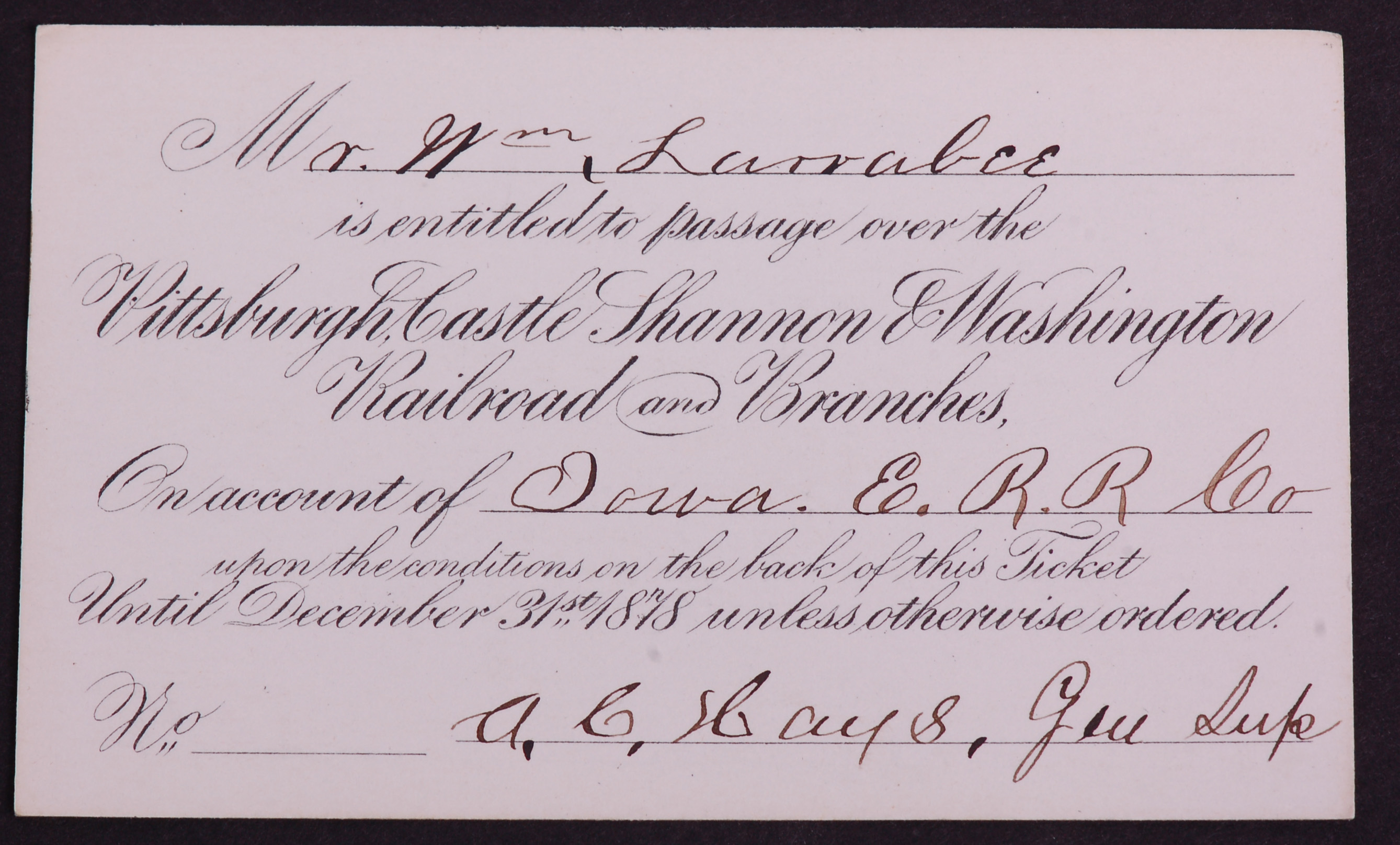 280 - Pittsburgh, Castle Shannon & Washington Railroad 1878 Annual Pass thumbnail