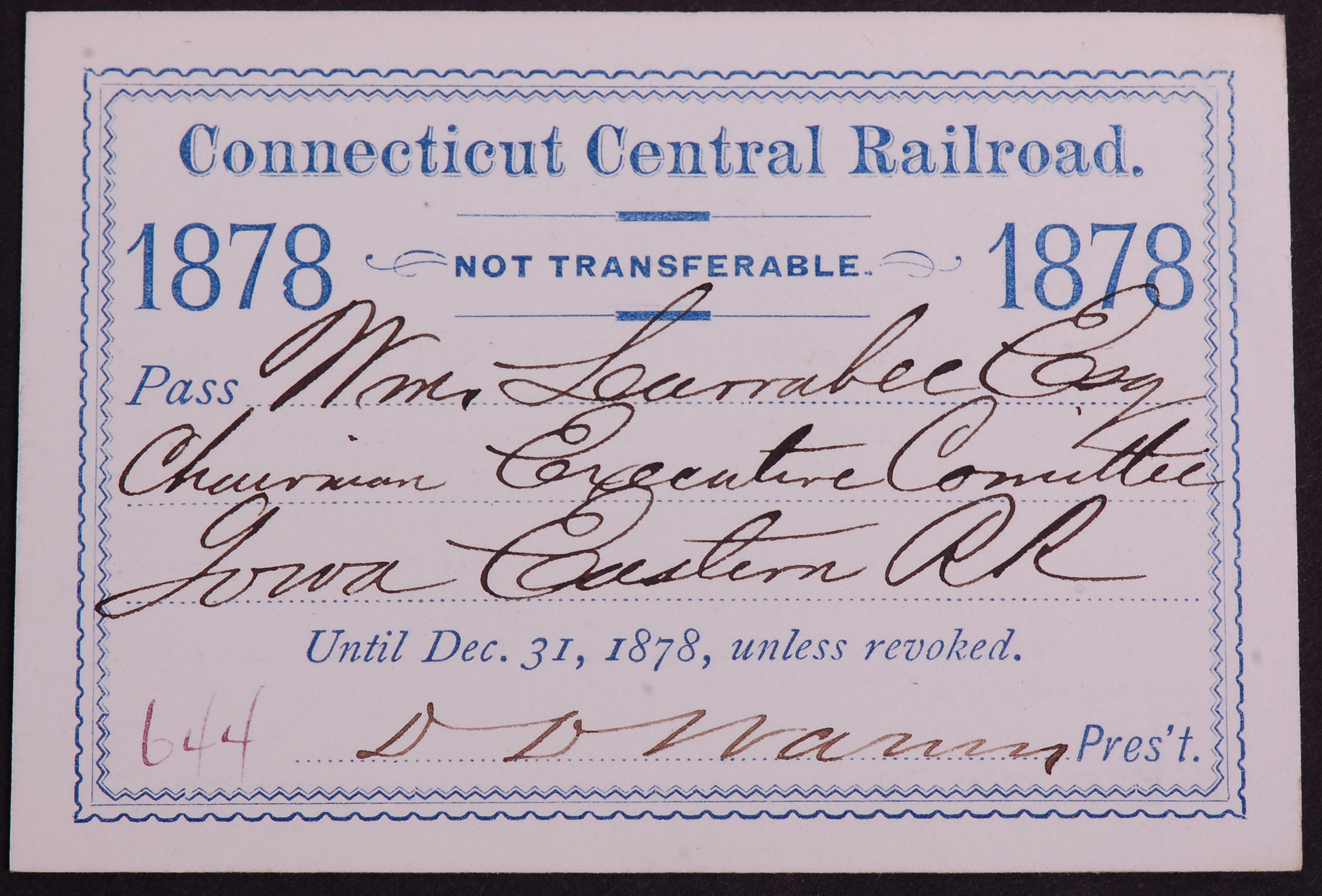 281 - Connecticut Central Railroad 1878 Annual Pass thumbnail