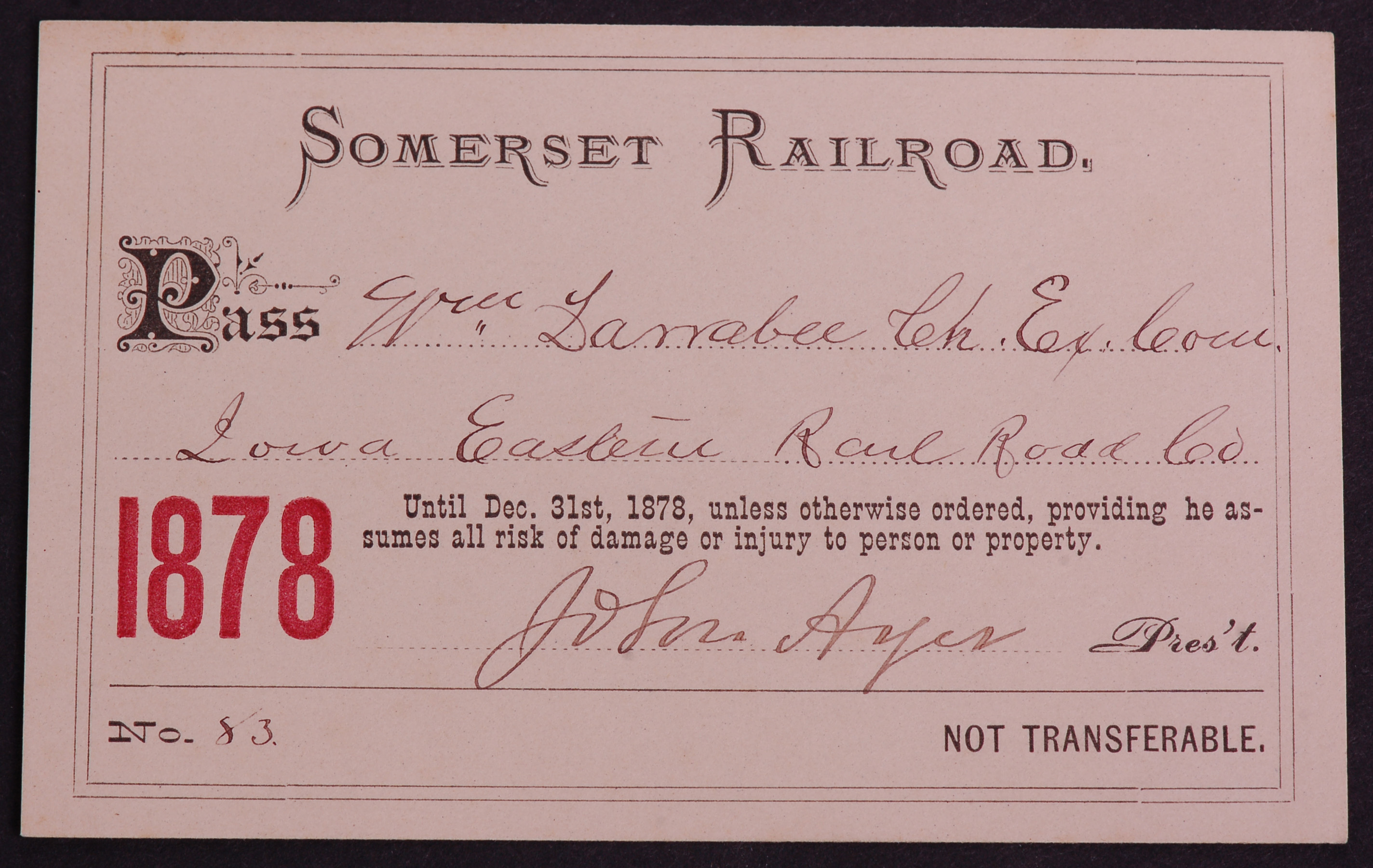 282 - Somerset Railroad 1878 Annual Pass - Low Number thumbnail
