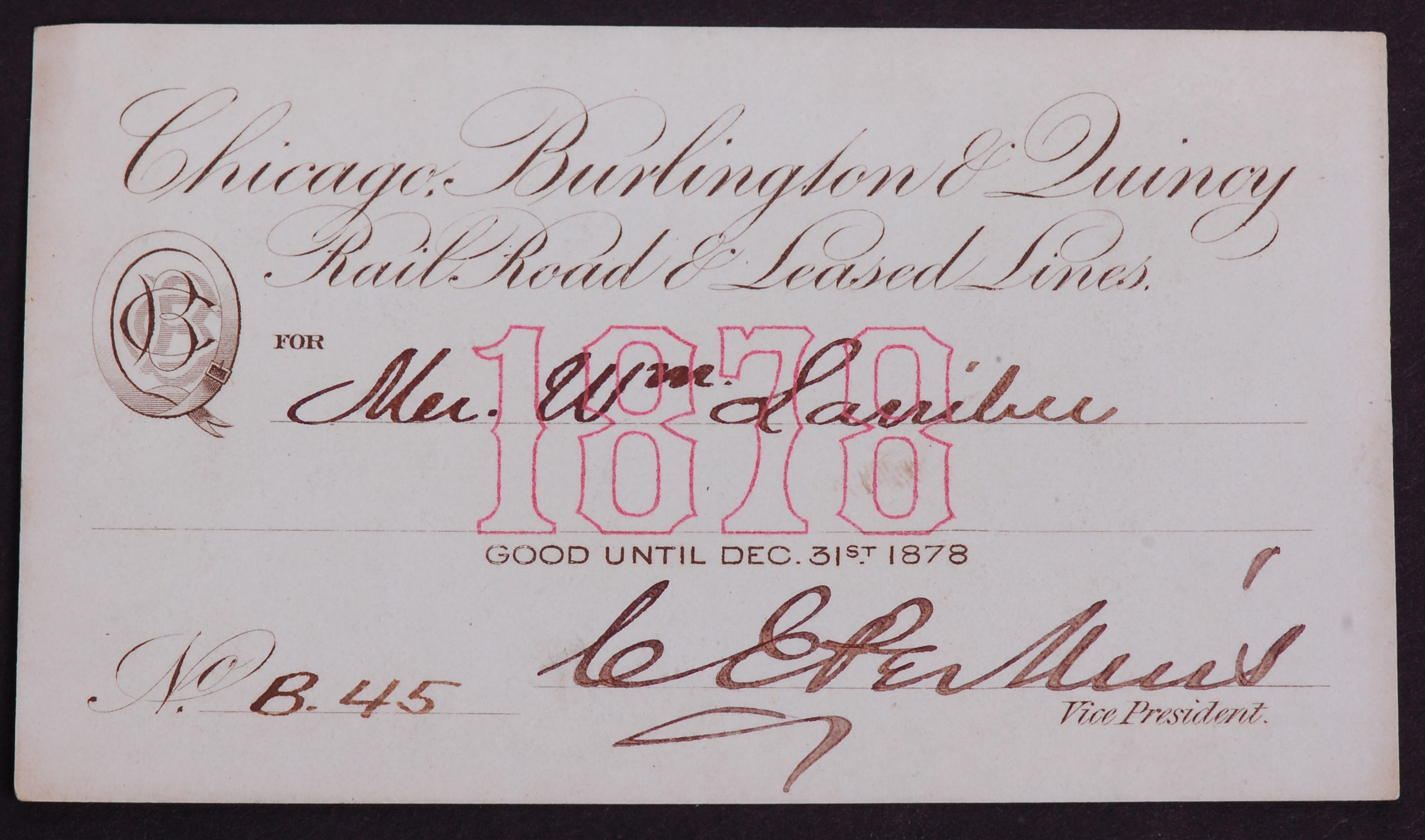 283 - Chicago Burlington & Quincy Railroad 1878 Annual Pass thumbnail