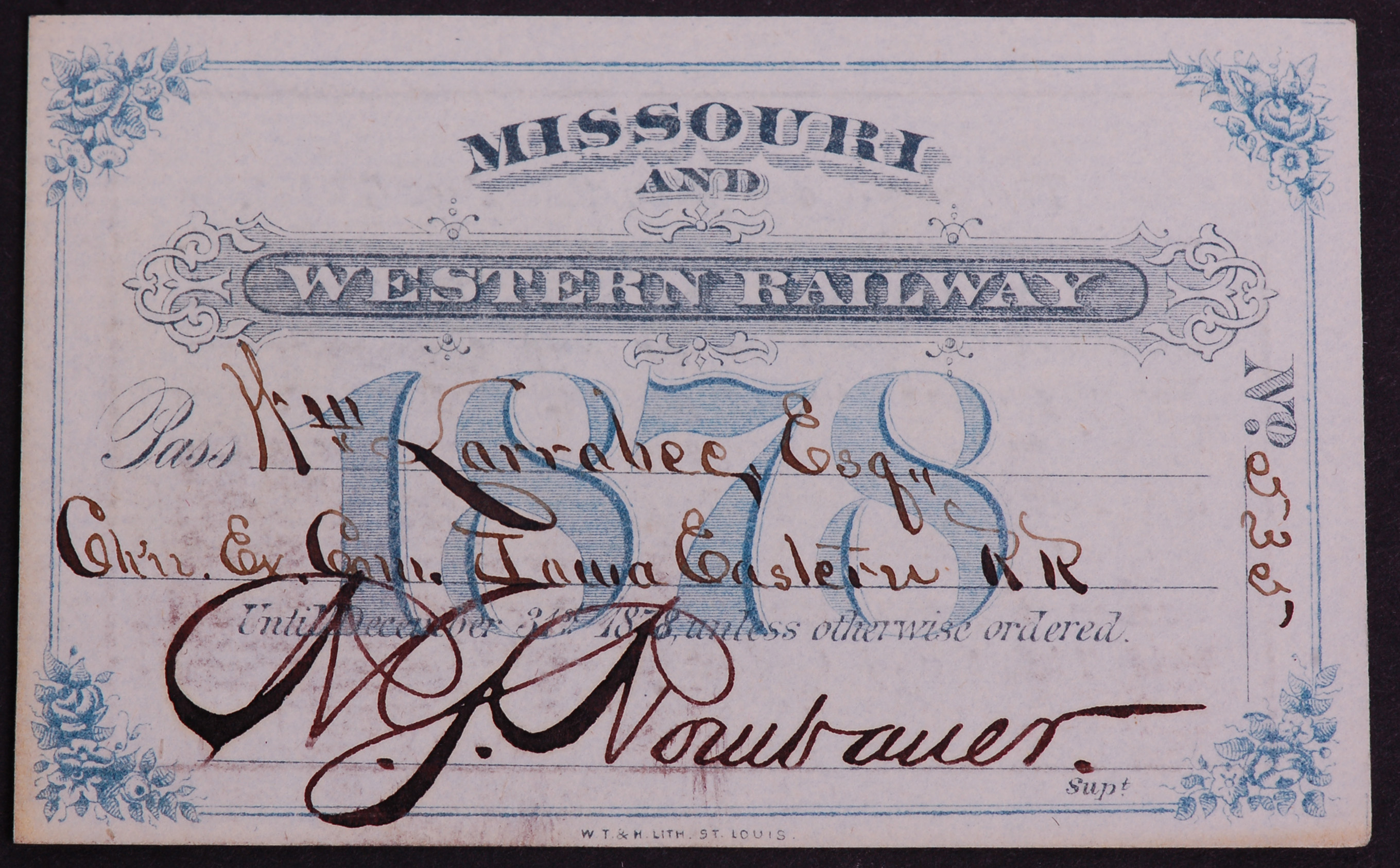 284 - Missouri and Western Railroad 1878 Annual Pass thumbnail