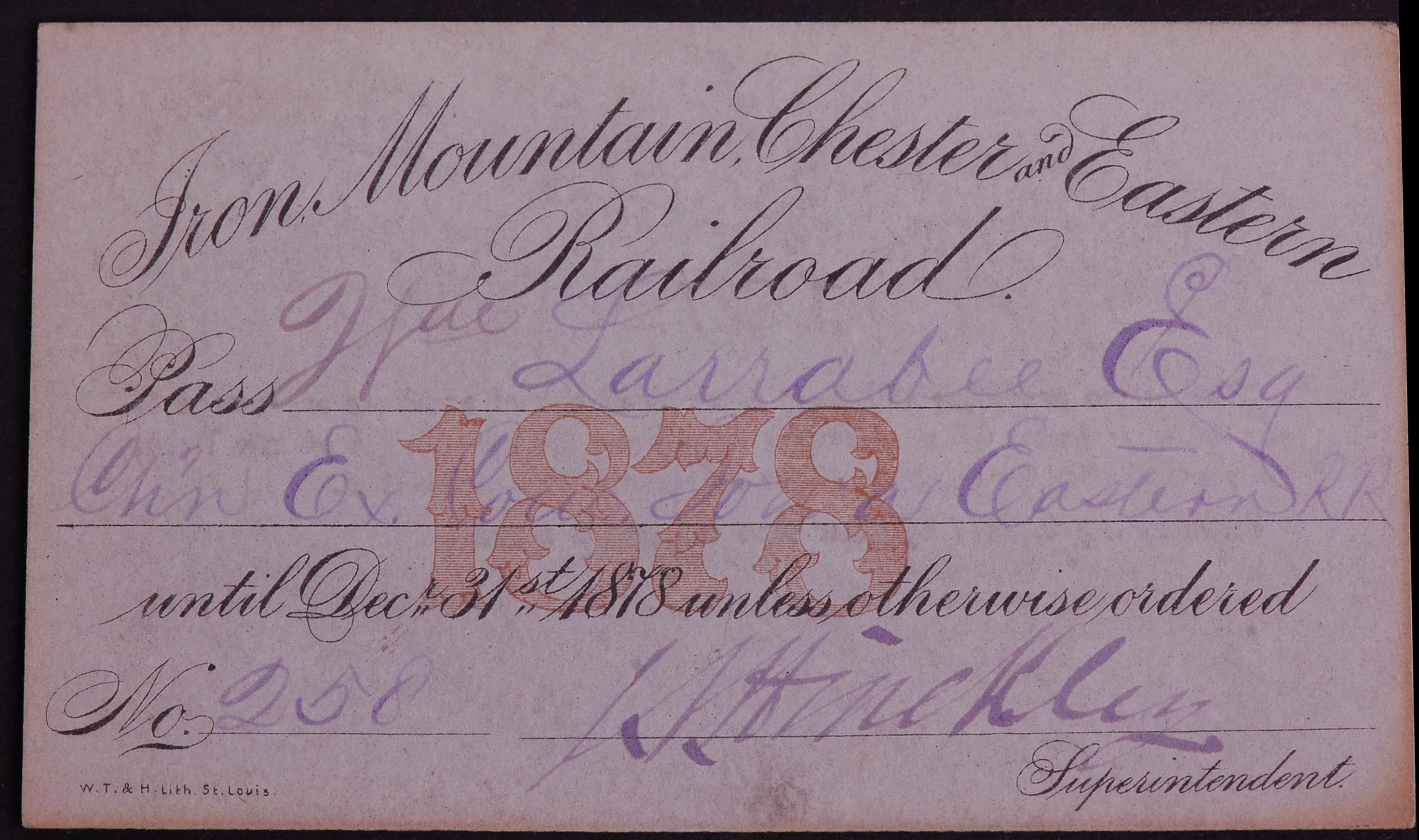 285 - Iron Mountain Chester and Eastern Railroad 1878 Annual Pass thumbnail