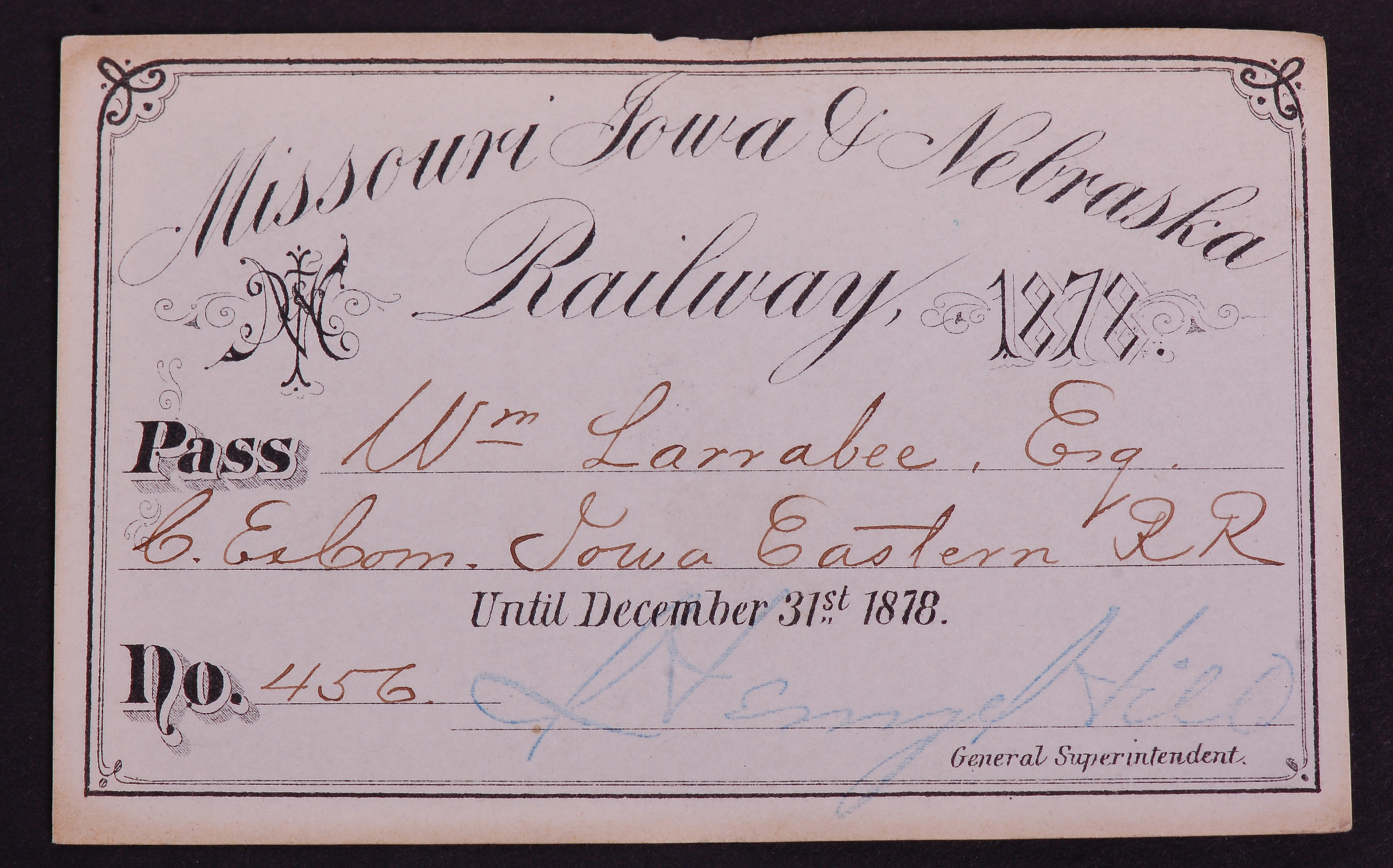 286 - Missouri Iowa and Nebraska 1878 Annual Pass thumbnail