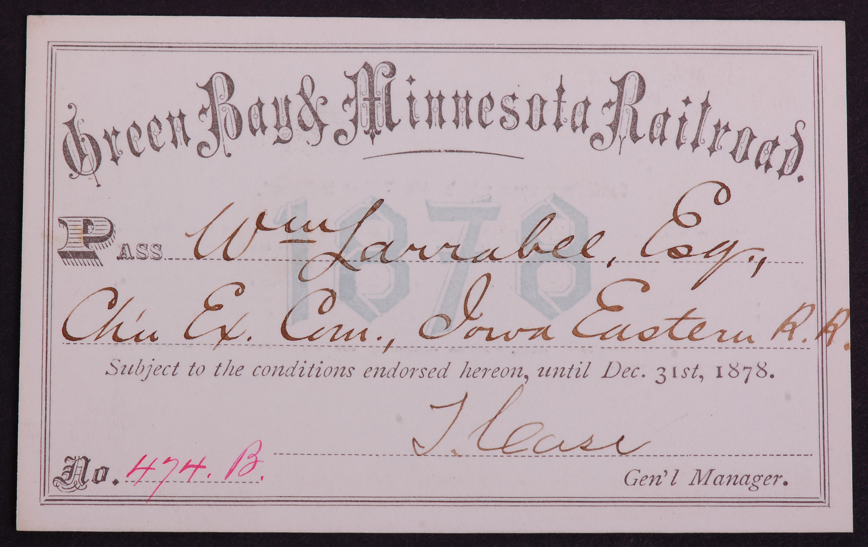 287 - Green Bay & Minnesota Railroad 1878 Annual Pass thumbnail