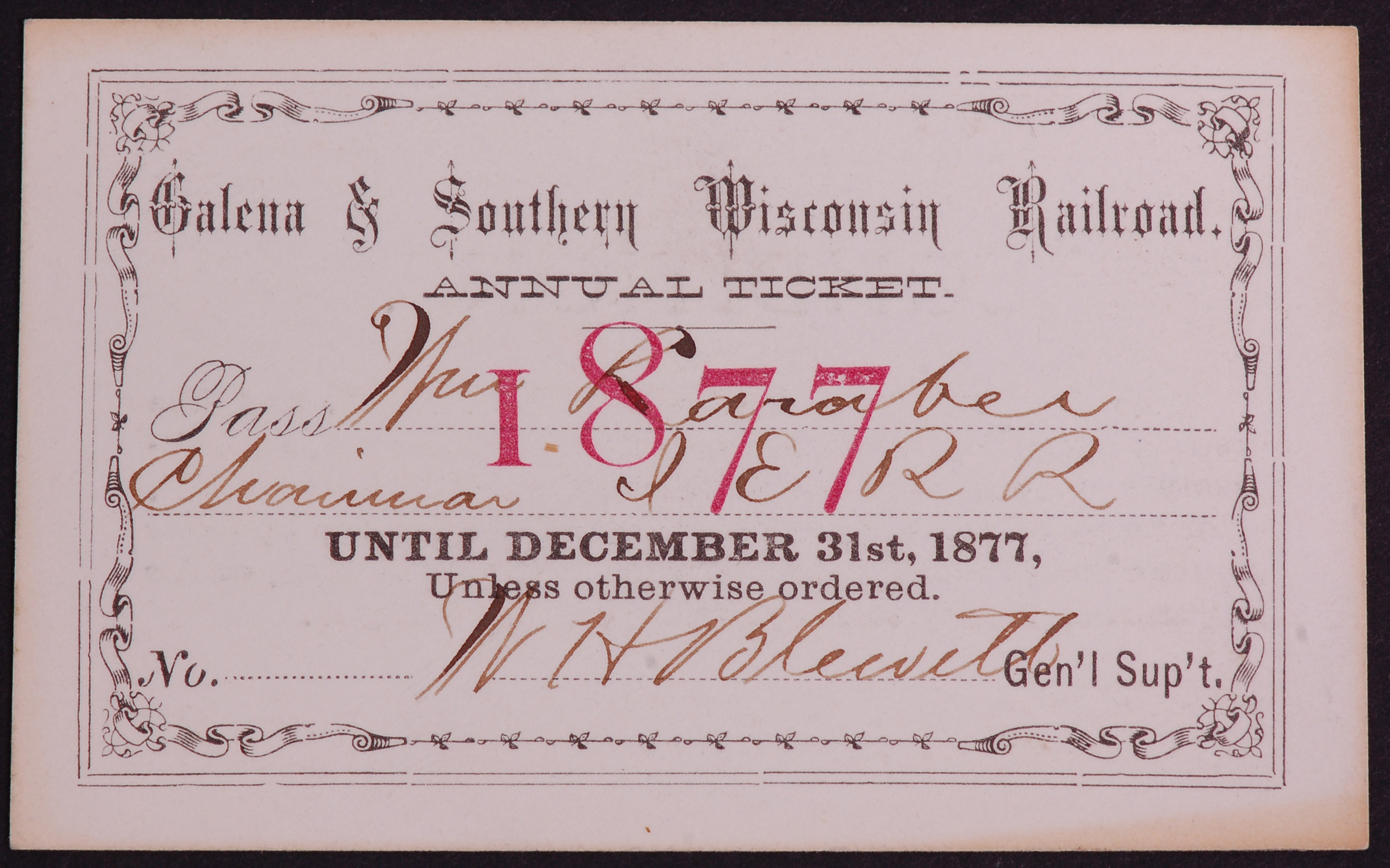 288 - Galena & Southern Wisconsin Railroad 1877 Annual Pass thumbnail