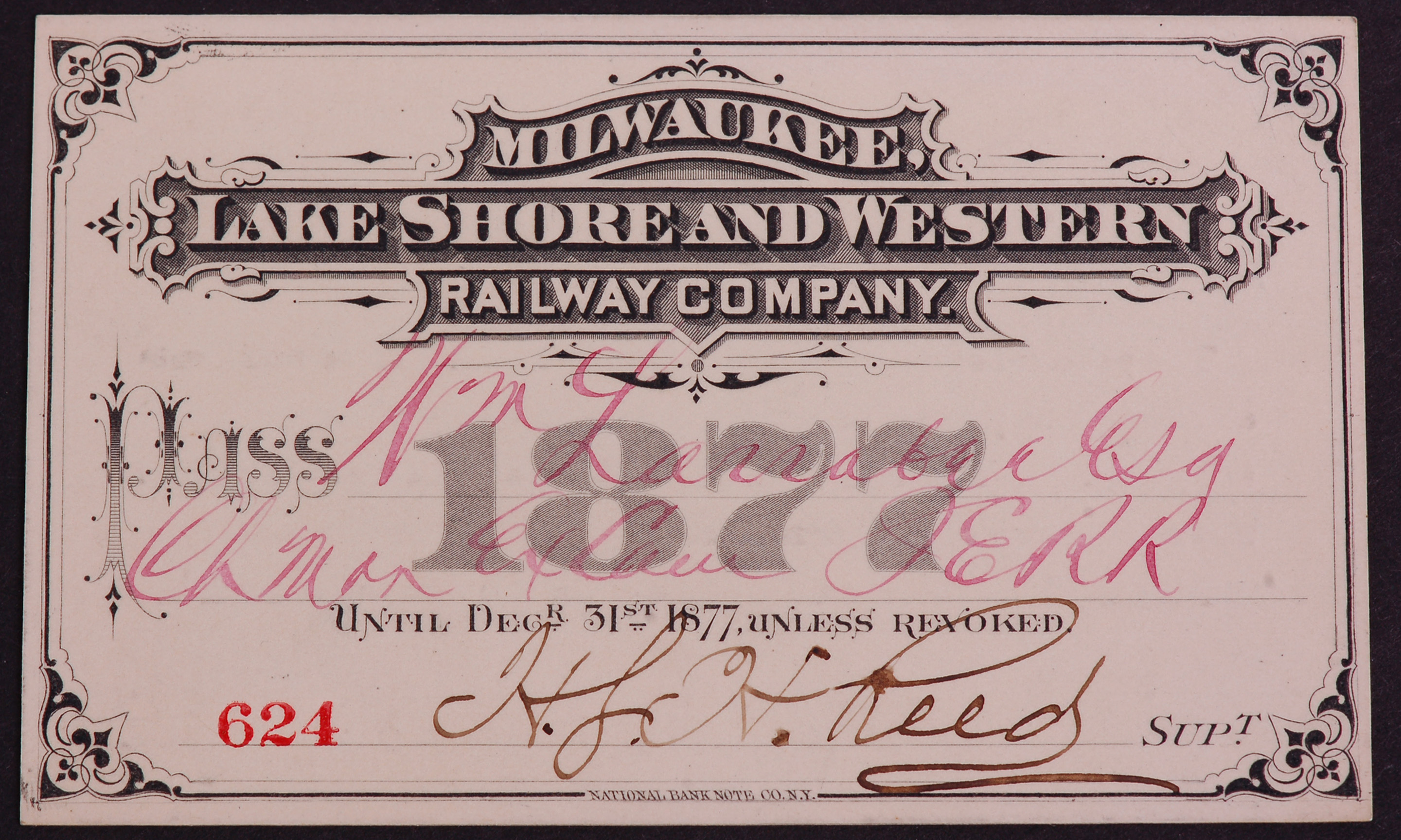 289 - Milwaukee Lake Shore and Western Railroad 1877 Annual Pass thumbnail