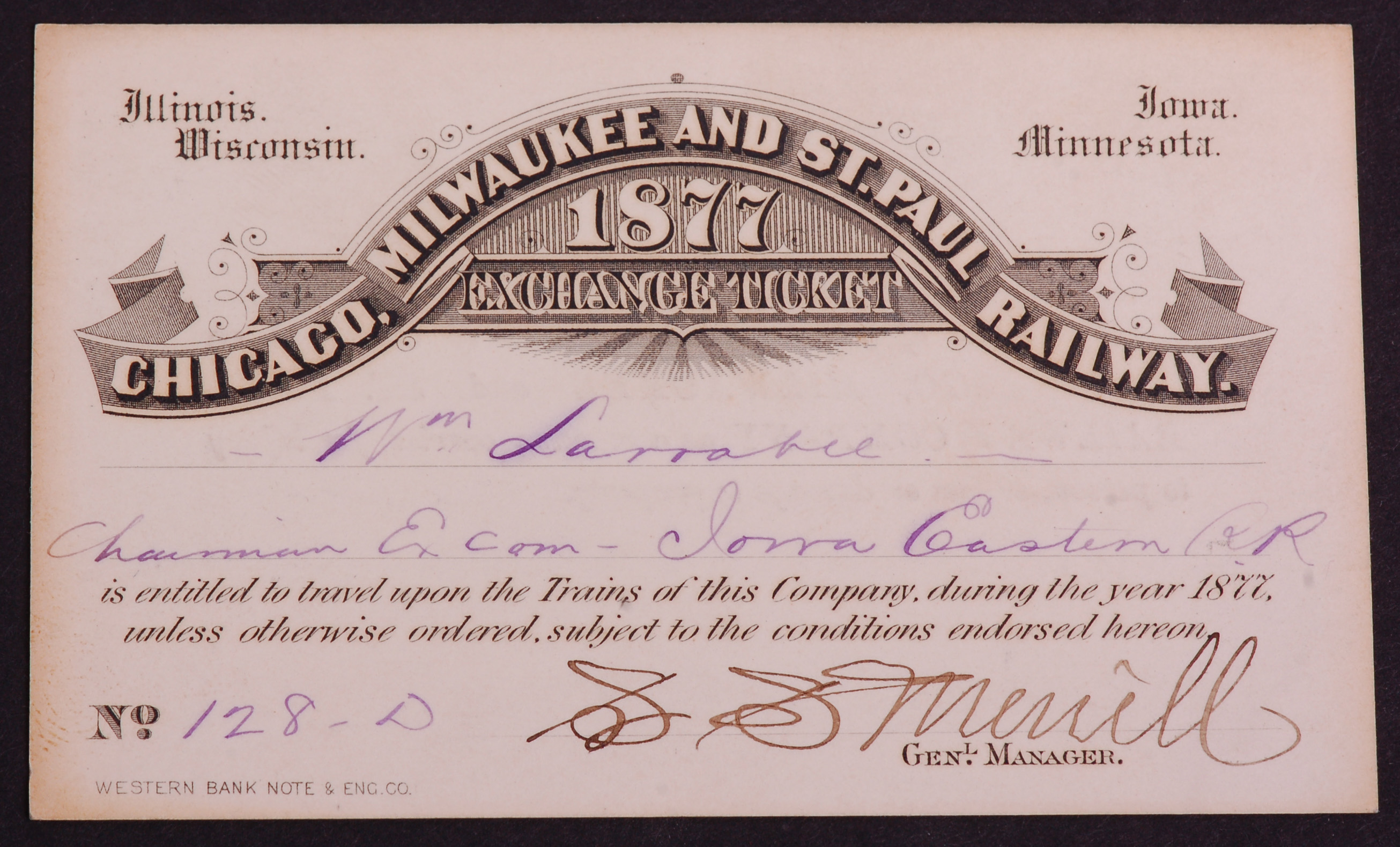290 - Chicago, Milwaukee and St. Paul Railroad 1877 Annual Pass thumbnail
