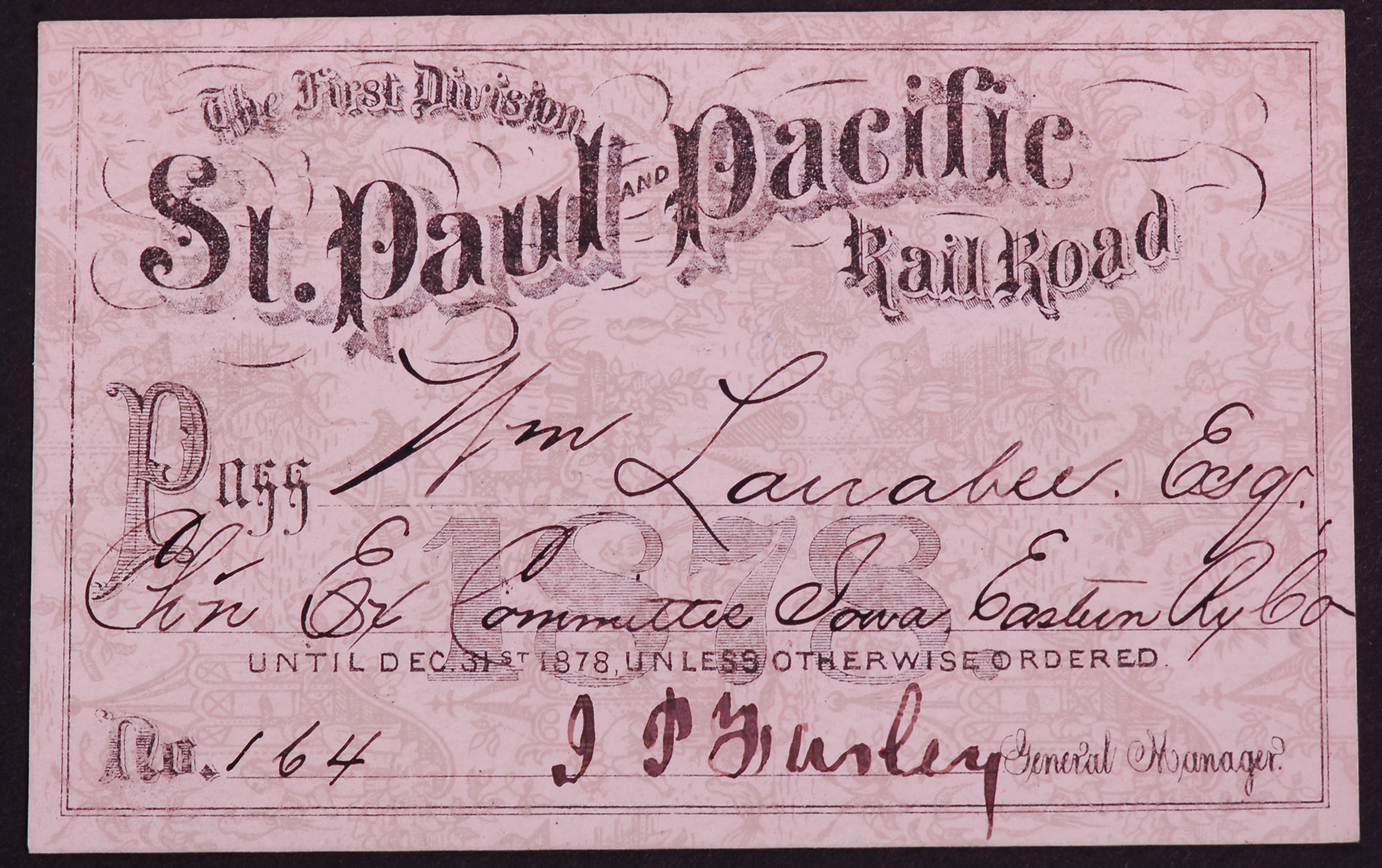 291 - The First Division St. Paul and Pacific Railroad 1877 Annual Pass thumbnail