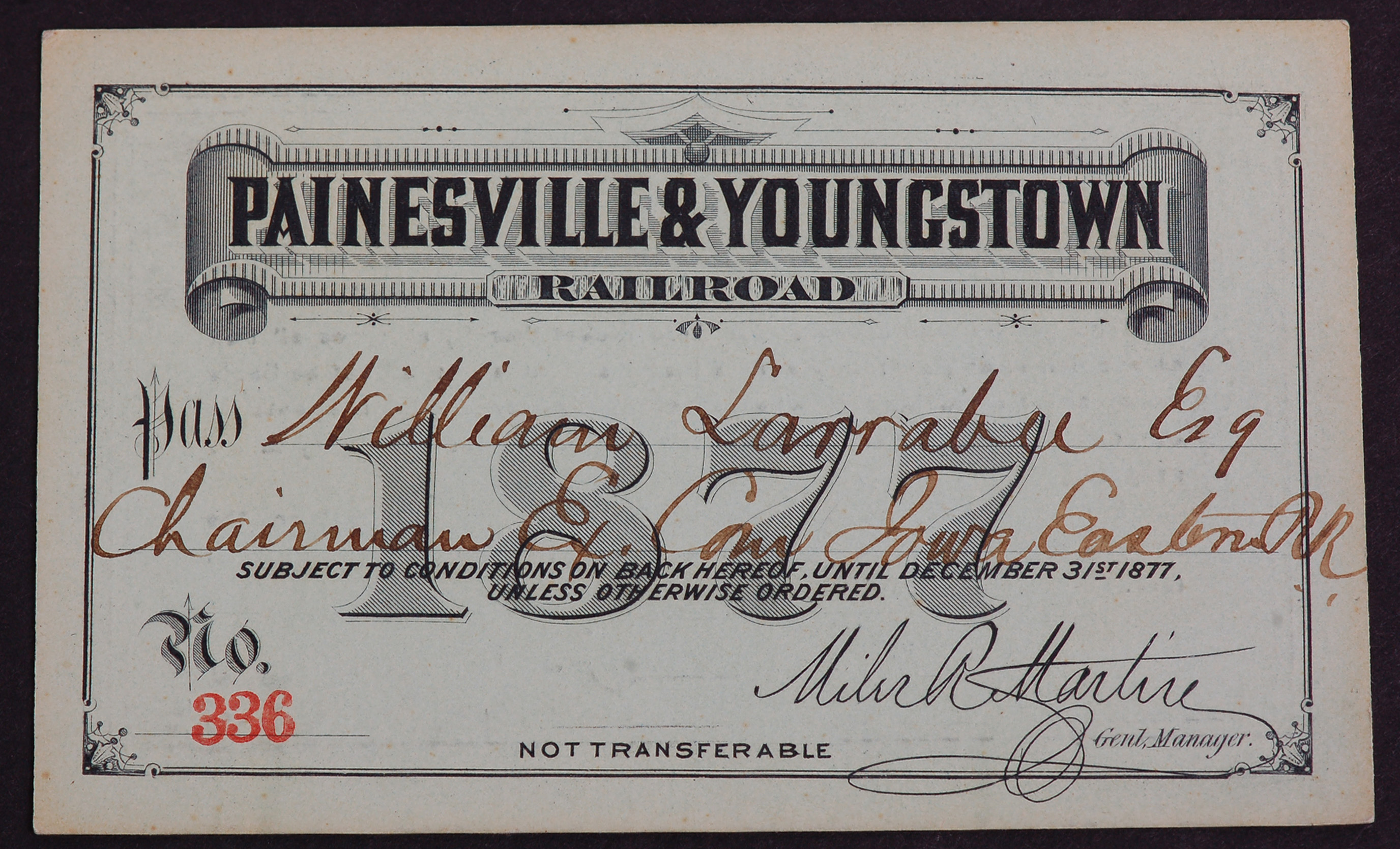 292 - Painesville & Youngstown Railroad 1877 Annual Pass thumbnail