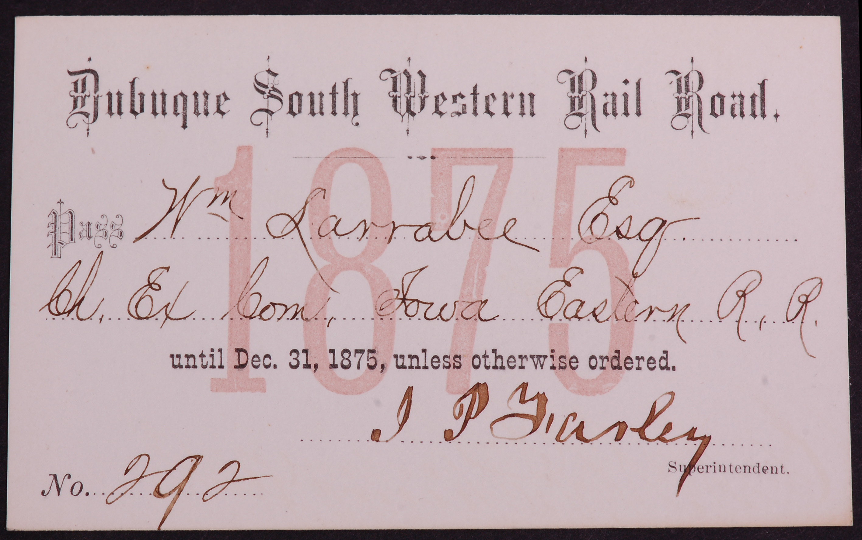 293 - Dubuque South Western Railroad 1875 Annual Pass thumbnail