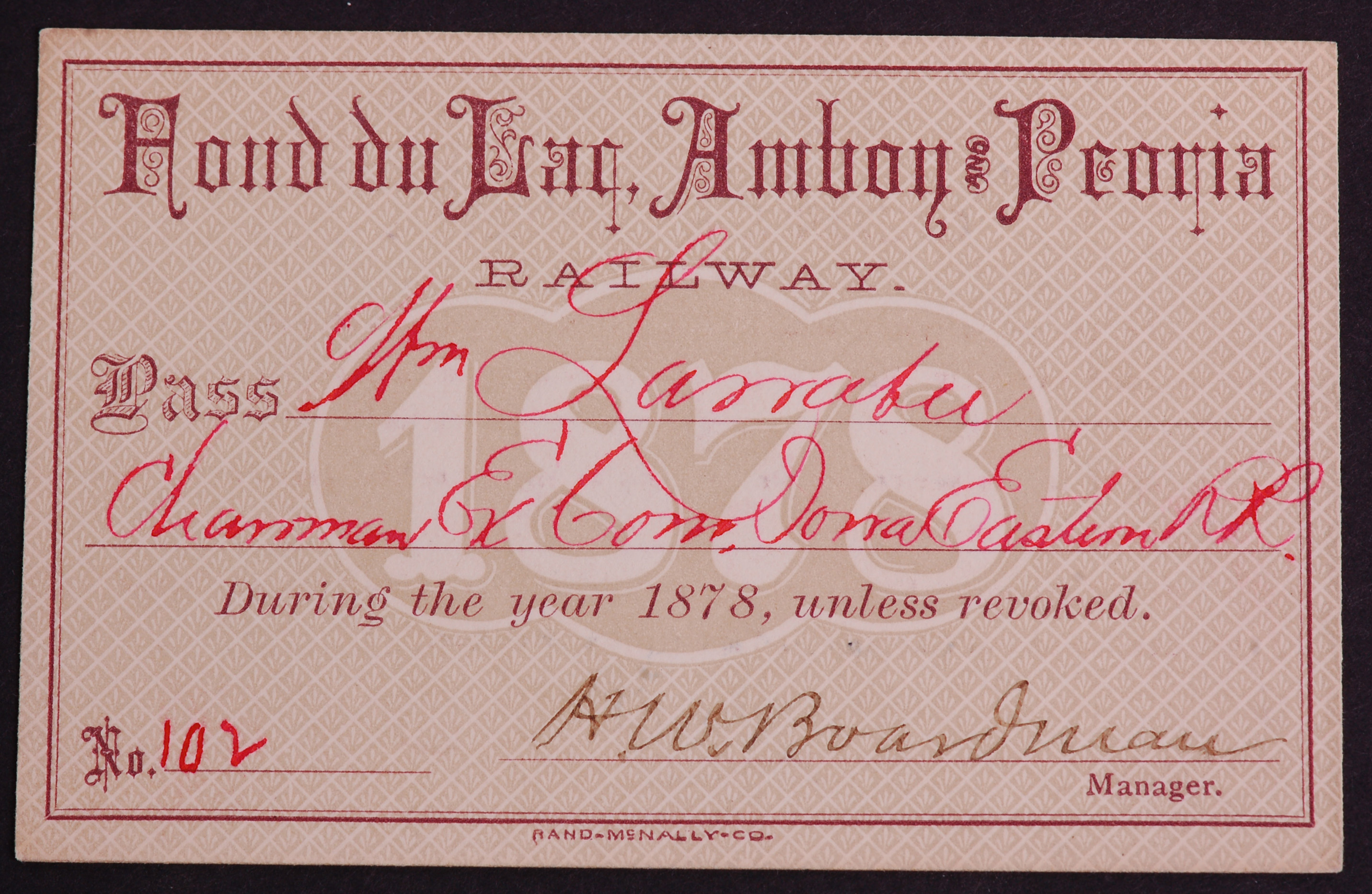 294 - Fond du Lac, Amboy & Peoria Railroad 1878 Annual Pass thumbnail